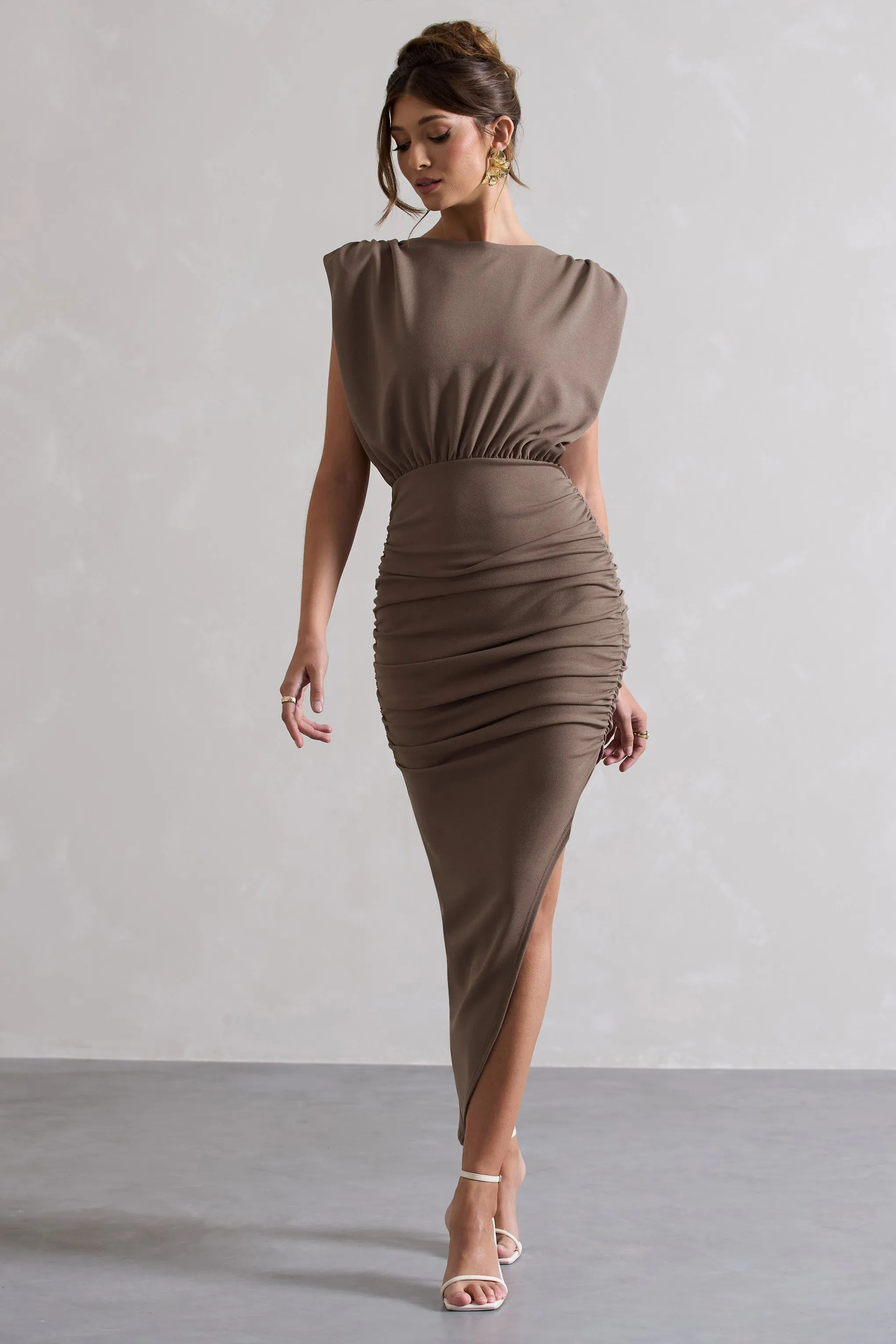 Jennifer | Mocha Sleeveless Maxi Dress With Asymmetric Hem sold by Club L London product image thumbnail 4