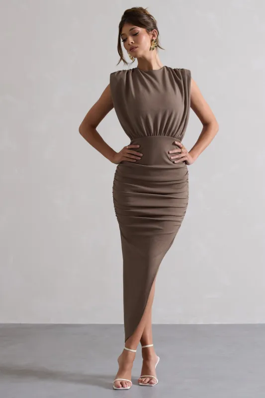 Jennifer | Mocha Sleeveless Maxi Dress With Asymmetric Hem sold by Club L London
