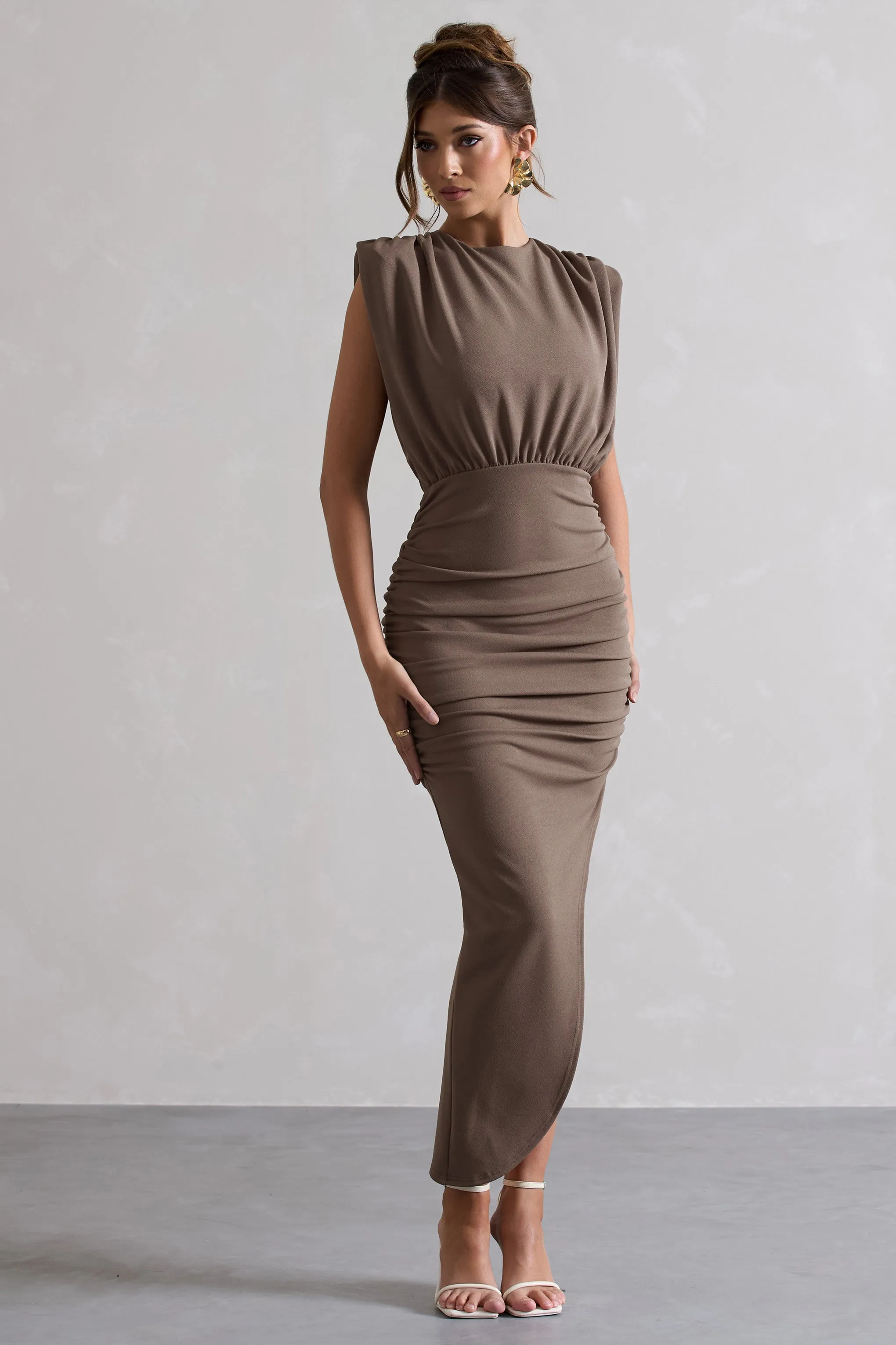 Jennifer | Mocha Sleeveless Maxi Dress With Asymmetric Hem sold by Club L London product image thumbnail 5