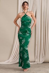 Grandeur | Green Floral Print Satin Halterneck Maxi Dress sold by Club L London