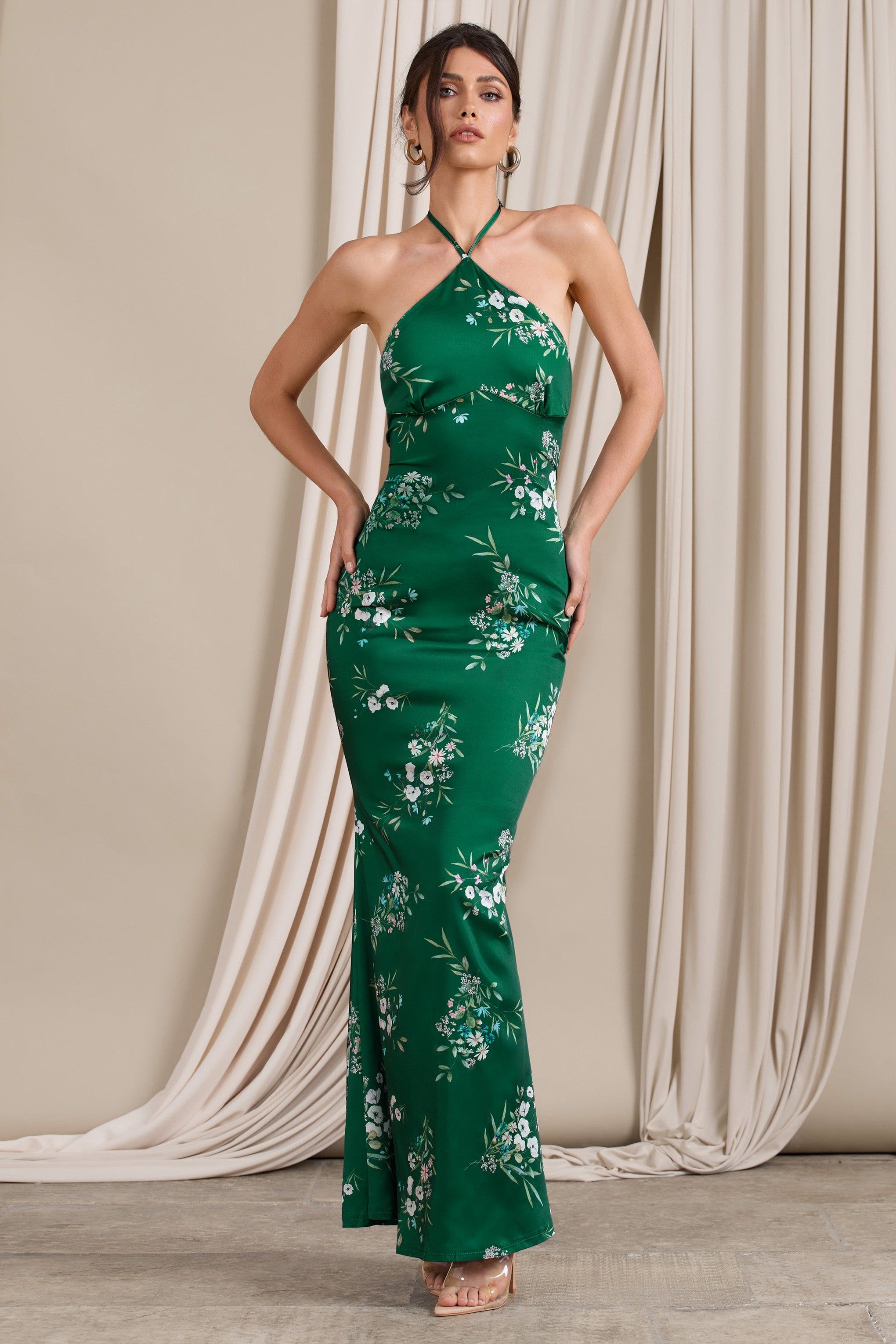 Grandeur | Green Floral Print Satin Halterneck Maxi Dress sold by Club L London product image thumbnail 4