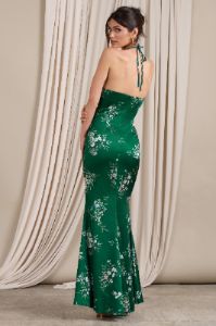 Grandeur | Green Floral Print Satin Halterneck Maxi Dress sold by Club L London