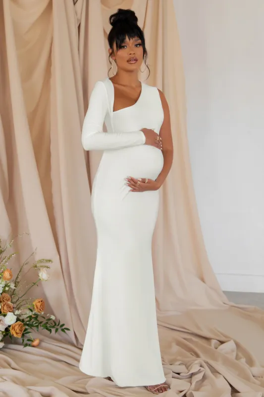 Oh Baby | White Maternity One Shoulder Bodycon Maxi Dress sold by Club L London