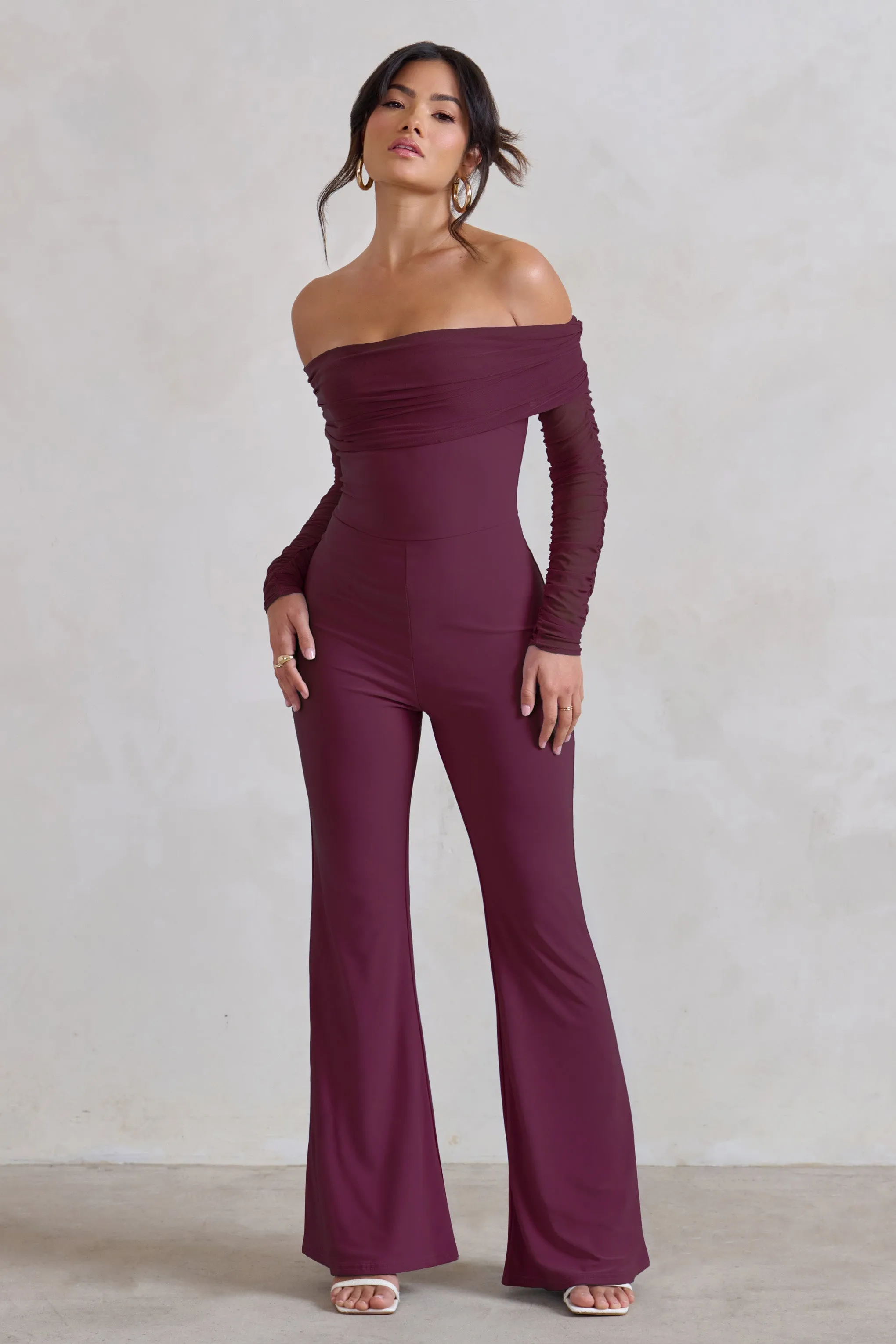 Whisper | Burgundy Ruched Mesh Bardot Jumpsuit sold by Club L London product image thumbnail 4