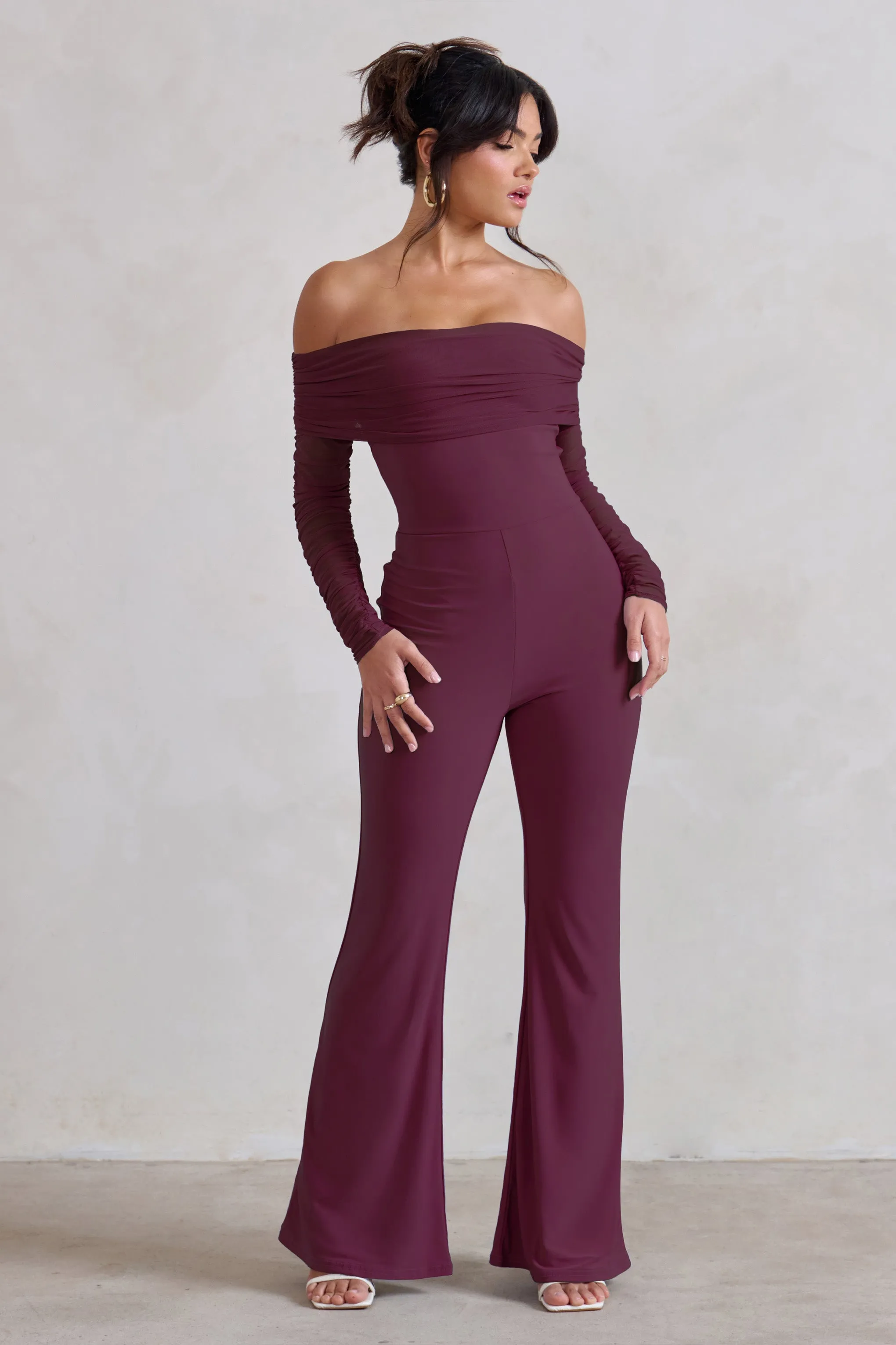Whisper | Burgundy Ruched Mesh Bardot Jumpsuit sold by Club L London product image thumbnail 5