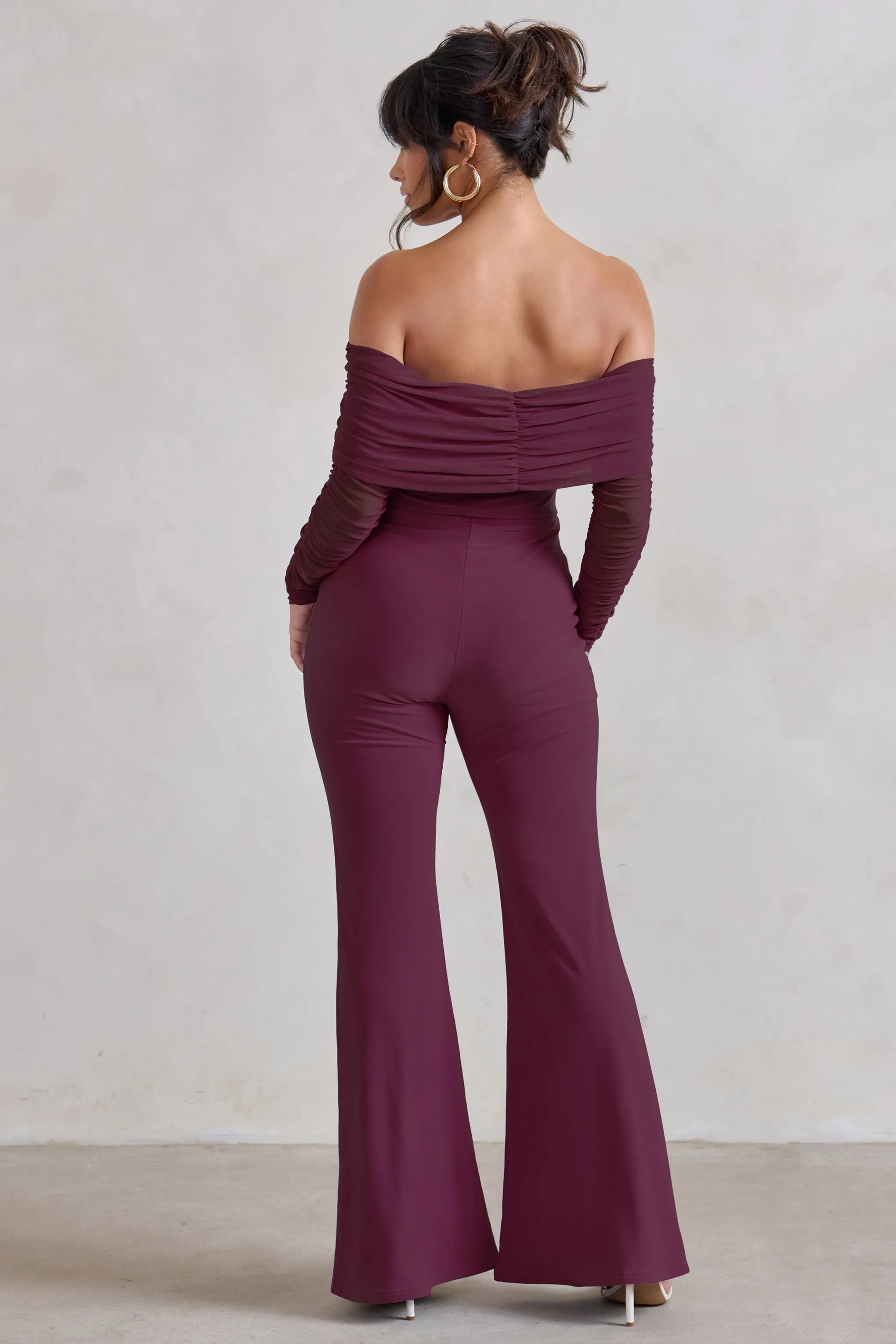 Whisper | Burgundy Ruched Mesh Bardot Jumpsuit sold by Club L London product image thumbnail 2
