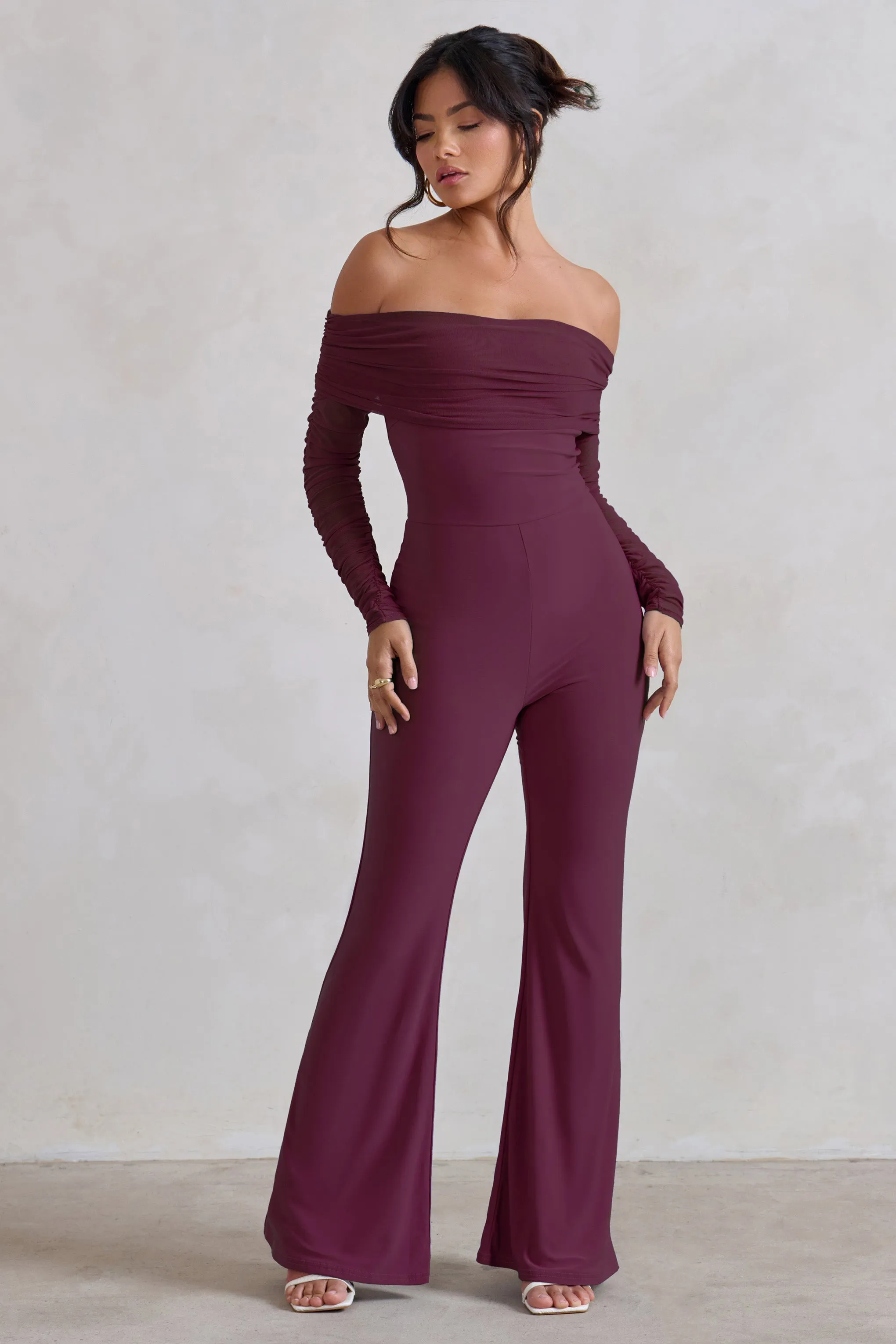 Whisper | Burgundy Ruched Mesh Bardot Jumpsuit sold by Club L London