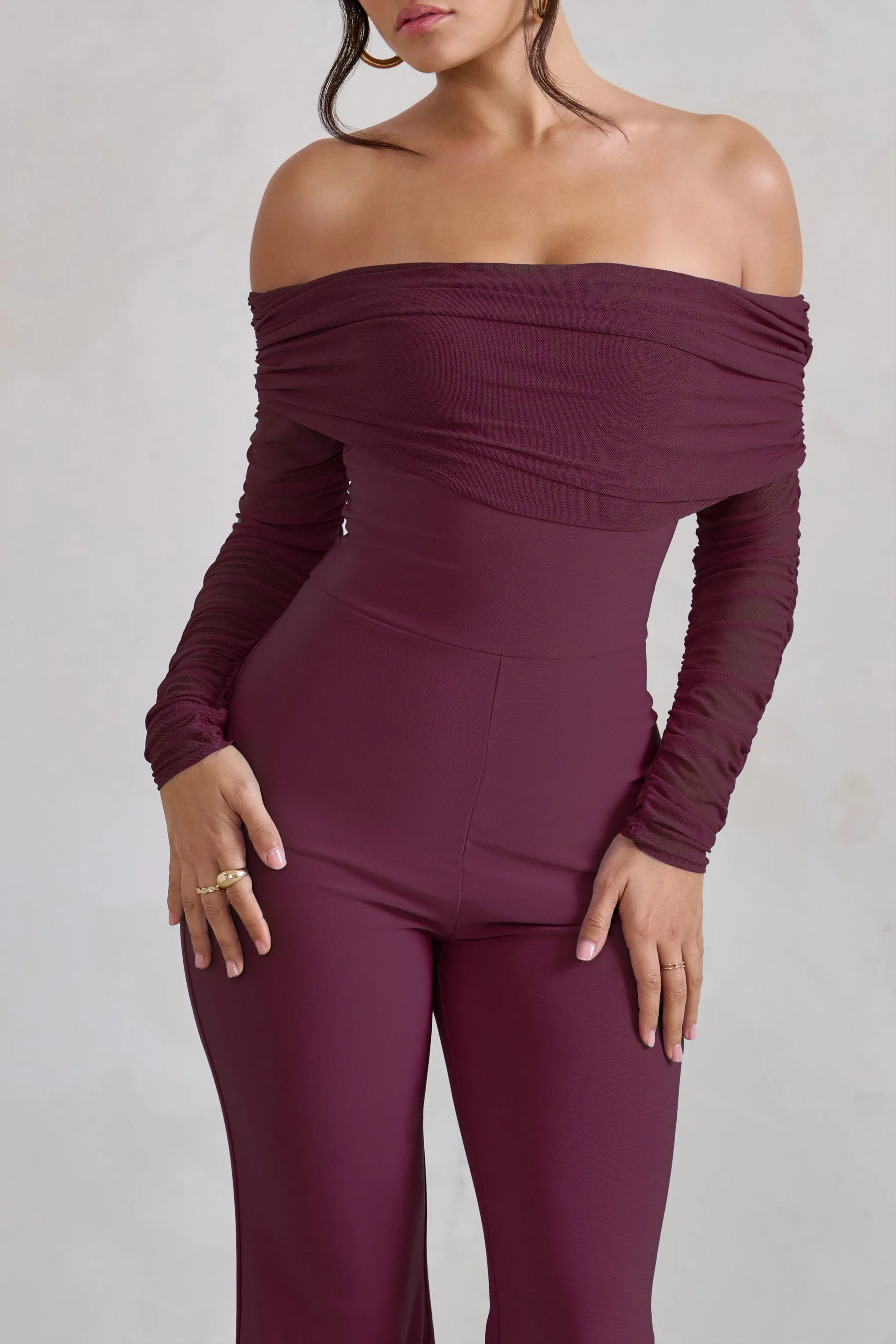 Whisper | Burgundy Ruched Mesh Bardot Jumpsuit sold by Club L London product image thumbnail 3