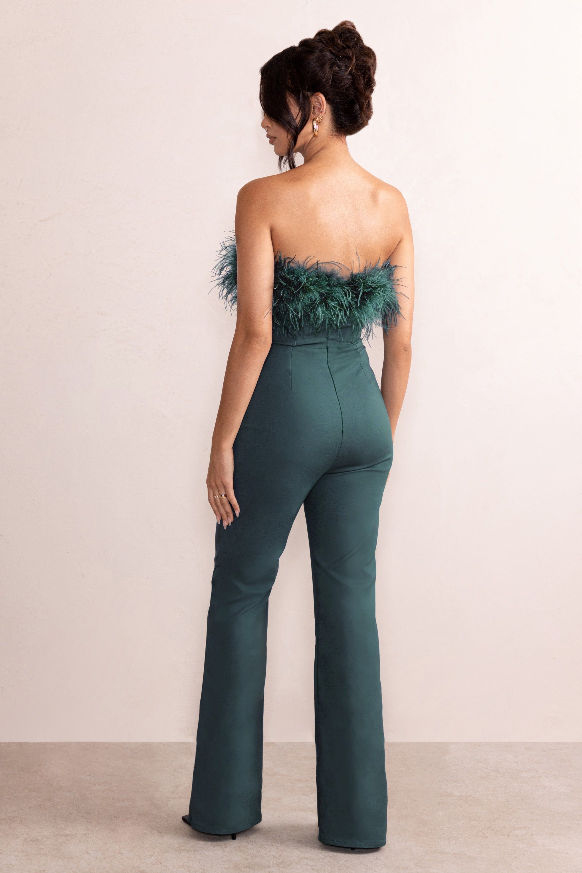 Tessa | Bottle Green Shaped Neckline Corset Jumpsuit With Feather Trim Detail sold by Club L London product image thumbnail 2