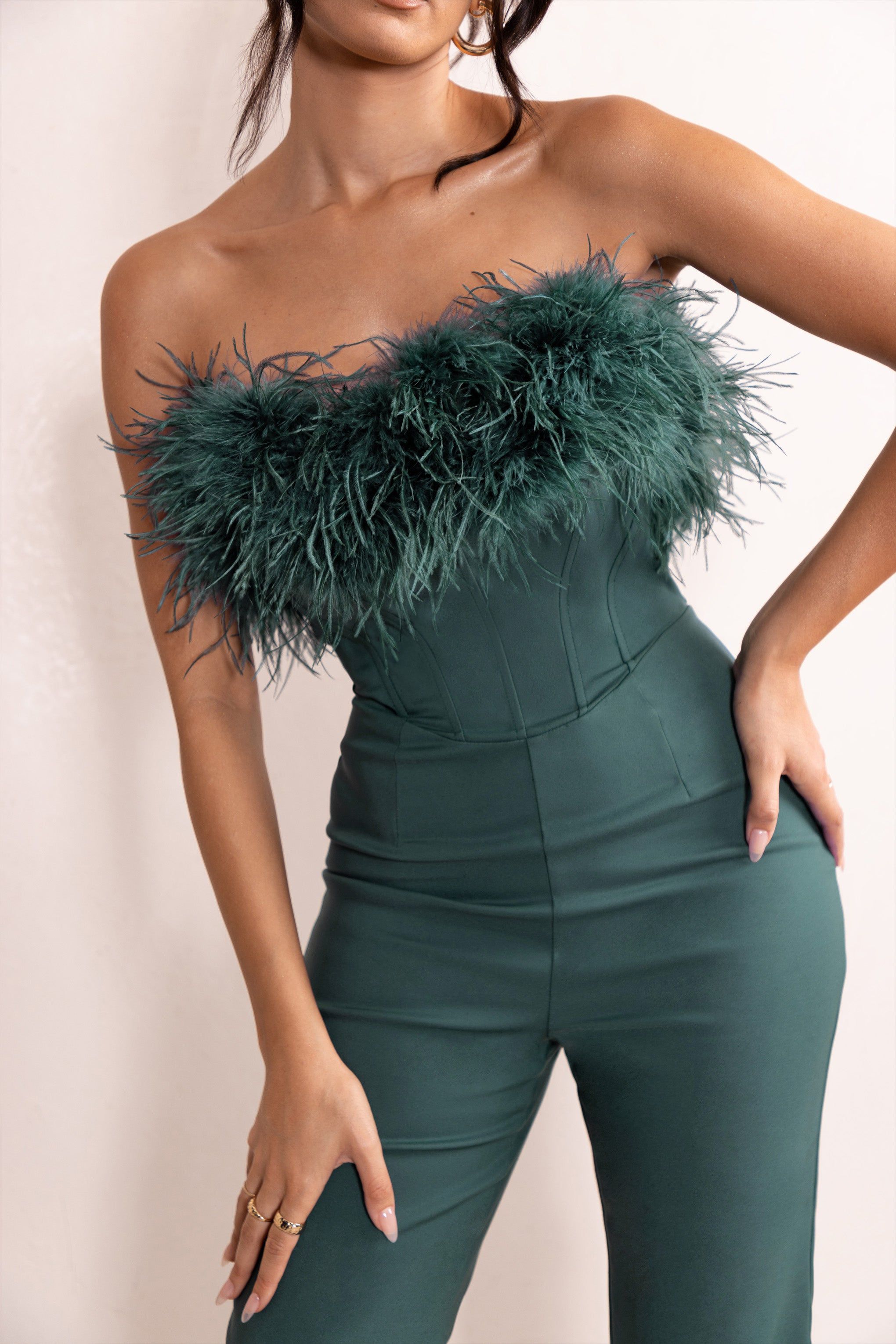 Tessa | Bottle Green Shaped Neckline Corset Jumpsuit With Feather Trim Detail sold by Club L London product image thumbnail 3