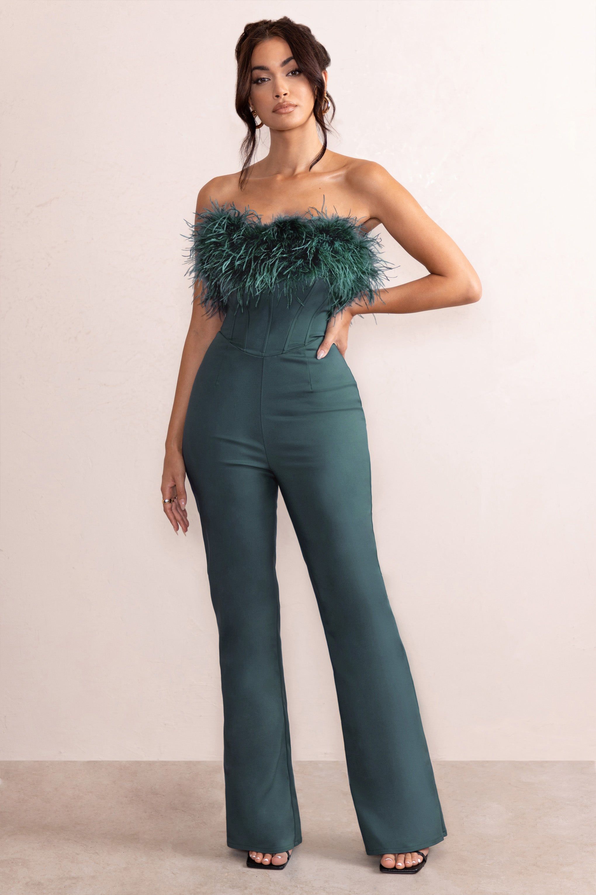 Tessa | Bottle Green Shaped Neckline Corset Jumpsuit With Feather Trim Detail sold by Club L London product image thumbnail 4