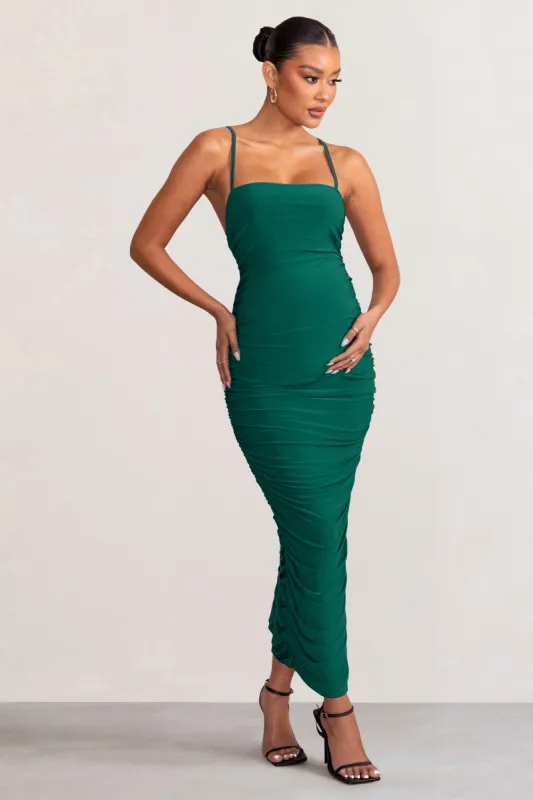 Sentimental | Bottle Green Maternity Midi Dress with Cami Straps and Ruching sold by Club L London