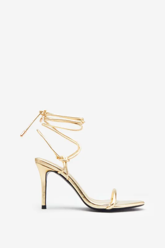 Crossed Wires | Gold Metallic Lace-Up Heeled Sandals sold by Club L London