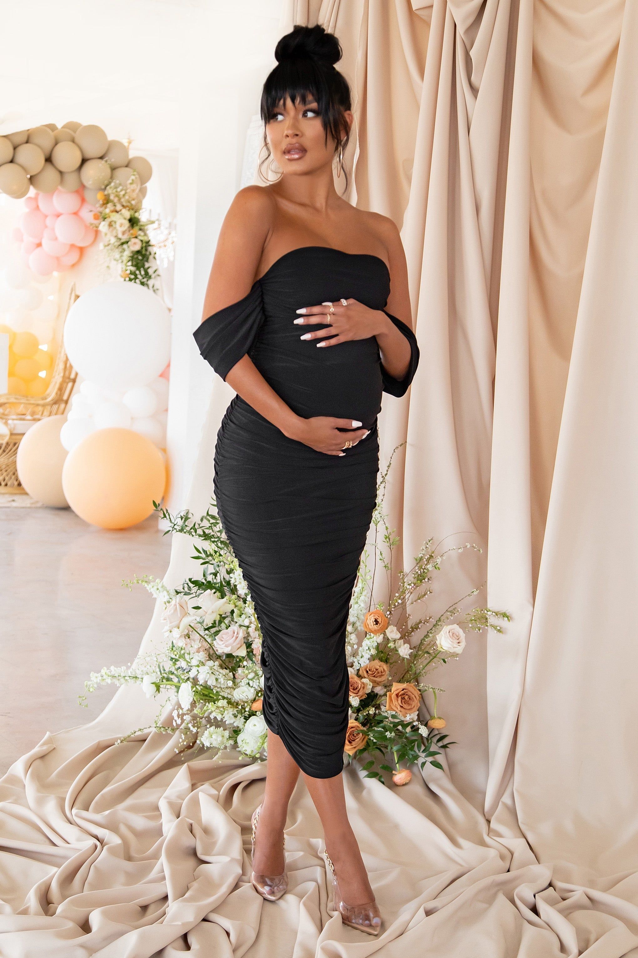 Plus One | Black Maternity Bardot Ruched Draped Midi Dress sold by Club L London