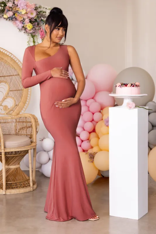 Oh Baby | Dusty Pink Maternity One Shoulder Cut Out Maxi Dress sold by Club L London
