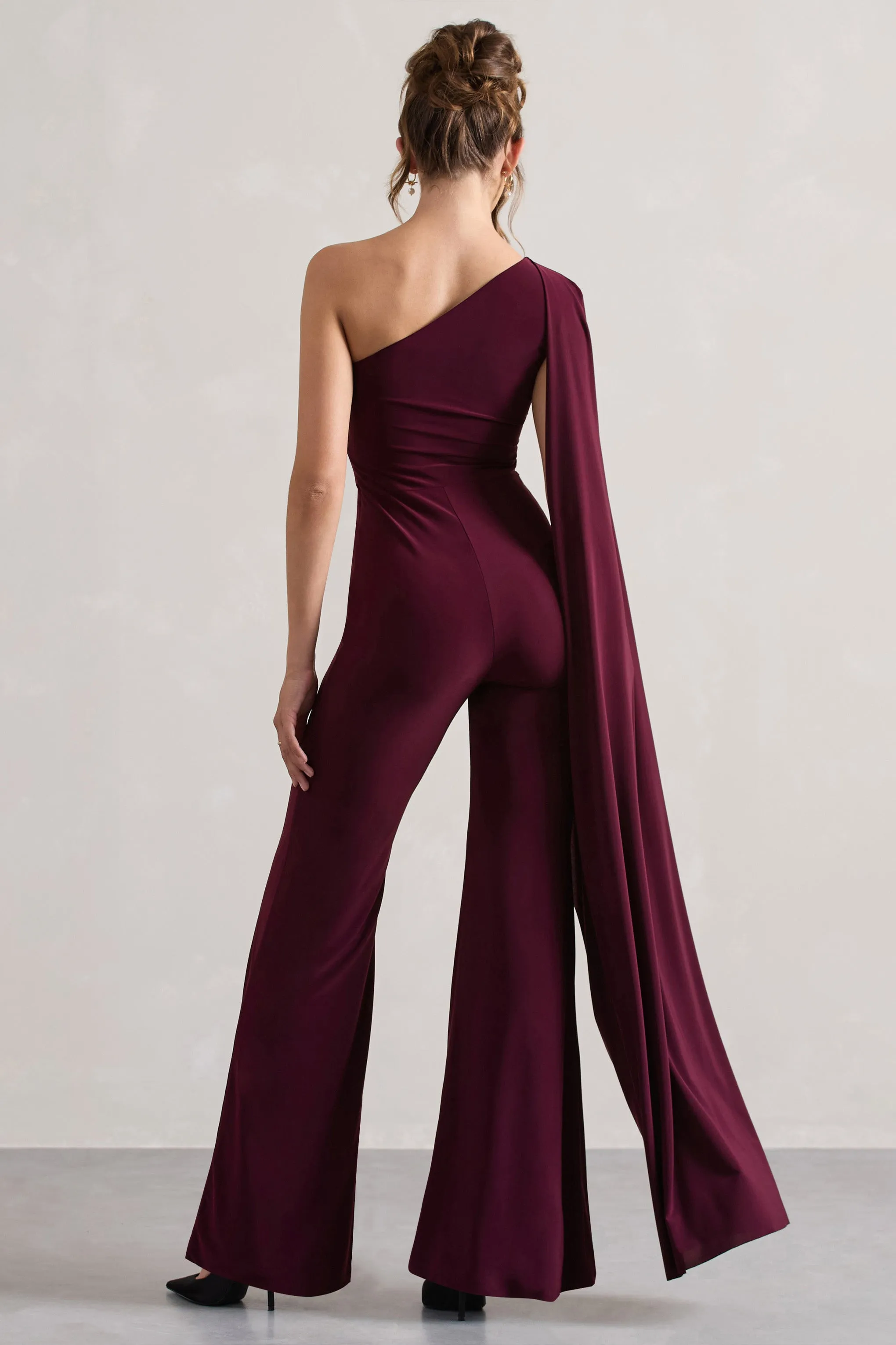 Julie | Plum Asymmetric Flared-Leg Jumpsuit With Cape Sleeve sold by Club L London product image thumbnail 2
