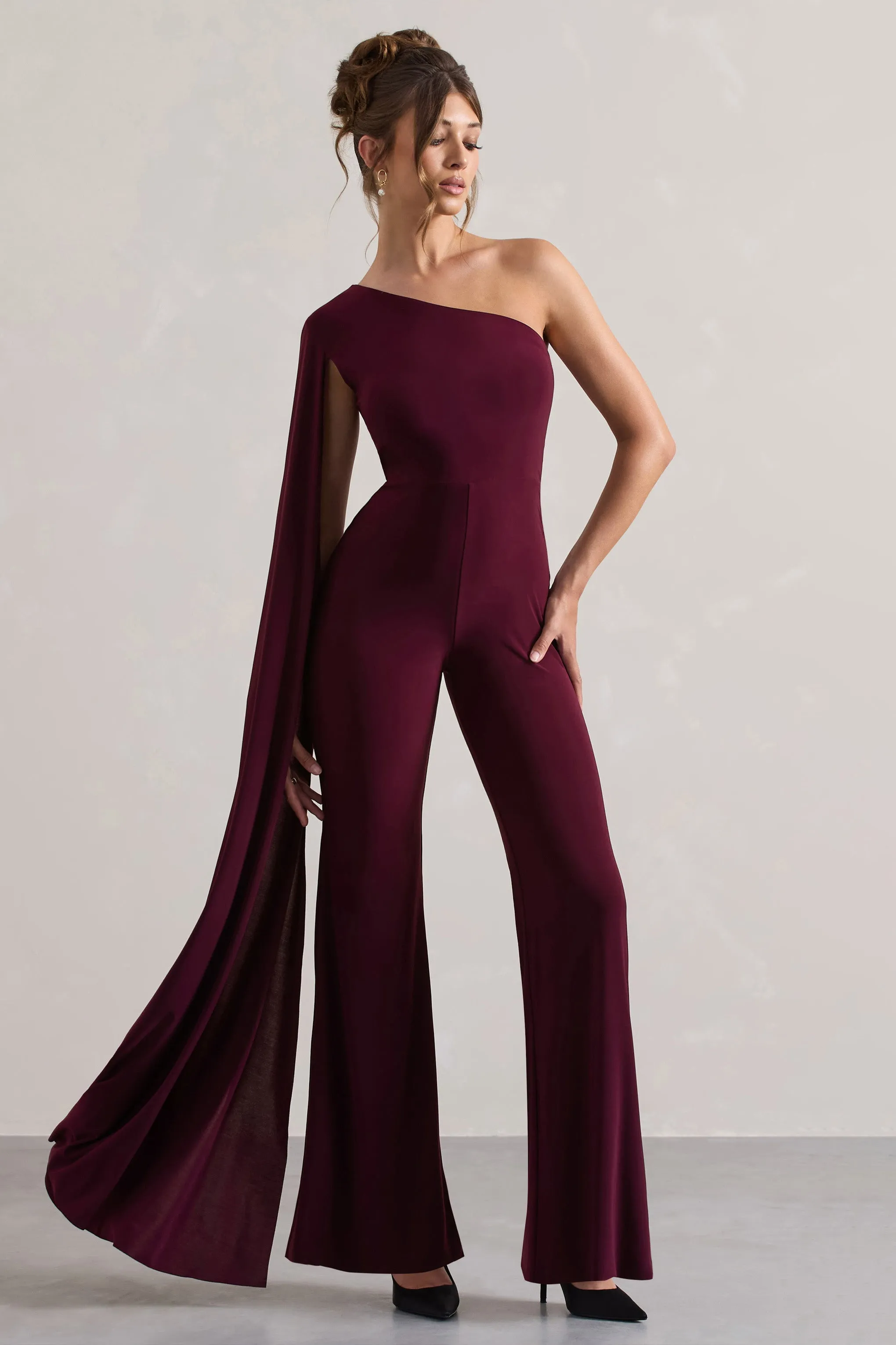 Julie | Plum Asymmetric Flared-Leg Jumpsuit With Cape Sleeve sold by Club L London product image thumbnail 5
