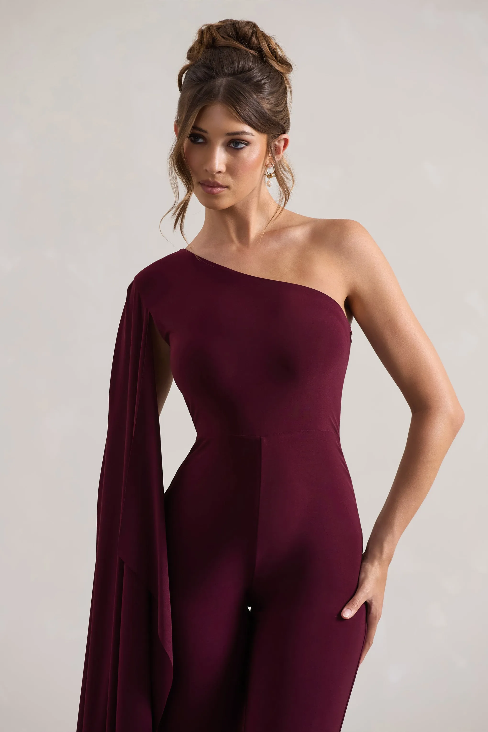 Julie | Plum Asymmetric Flared-Leg Jumpsuit With Cape Sleeve sold by Club L London product image thumbnail 3