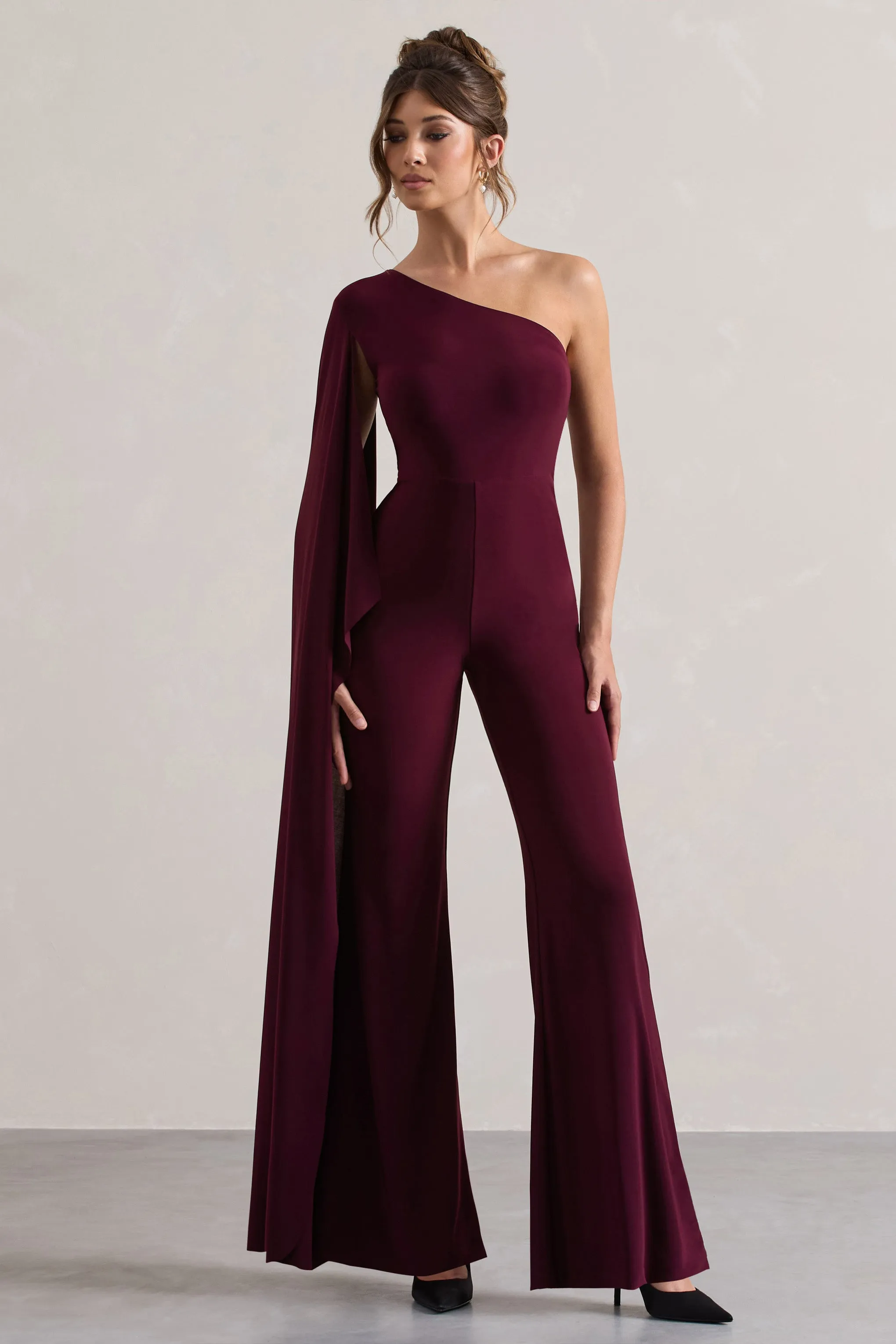 Julie | Plum Asymmetric Flared-Leg Jumpsuit With Cape Sleeve sold by Club L London product image thumbnail 4
