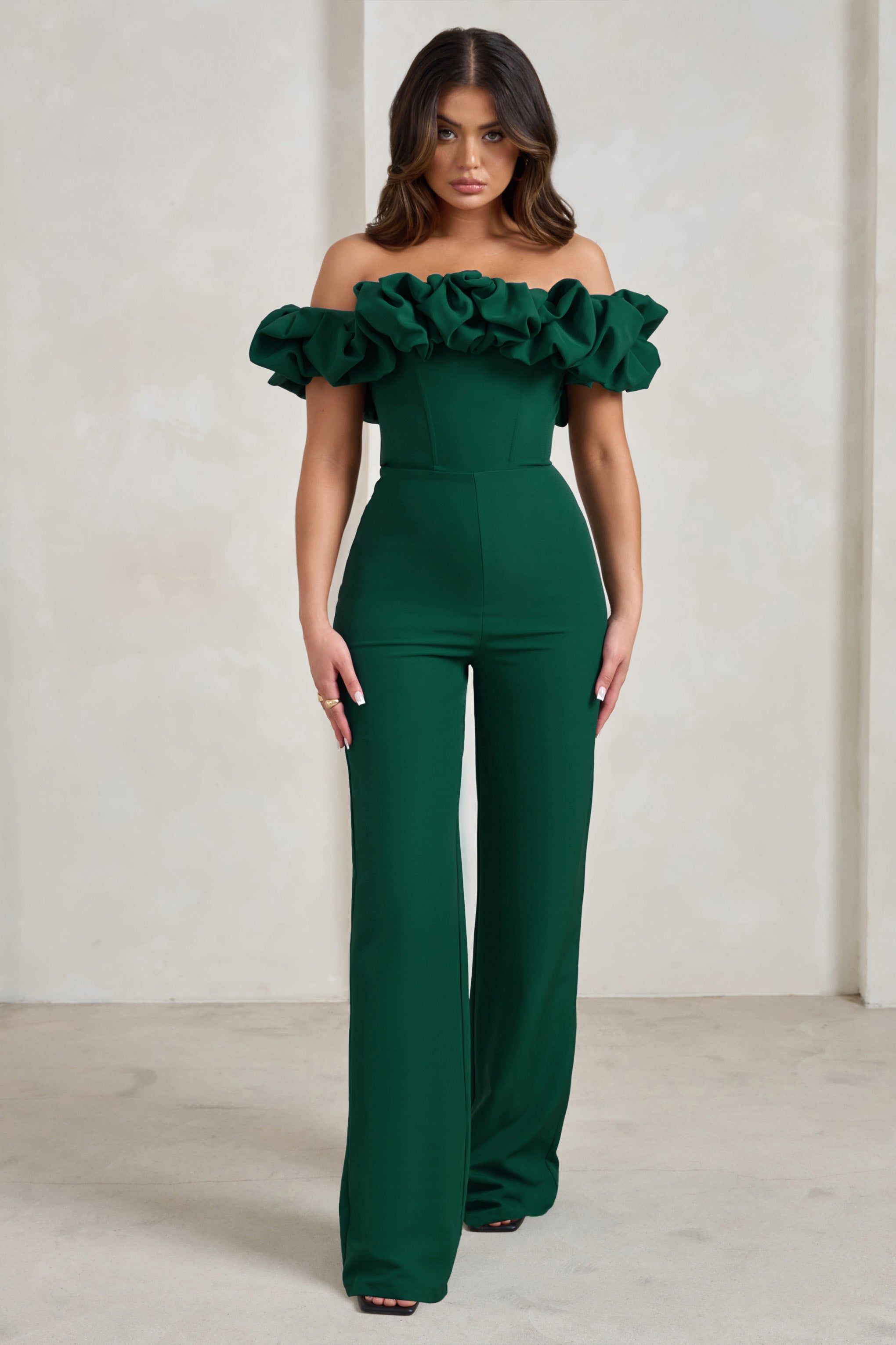 Esmie | Bottle Green Structured Statement Bardot Wide Leg Jumpsuit sold by Club L London product image thumbnail 5
