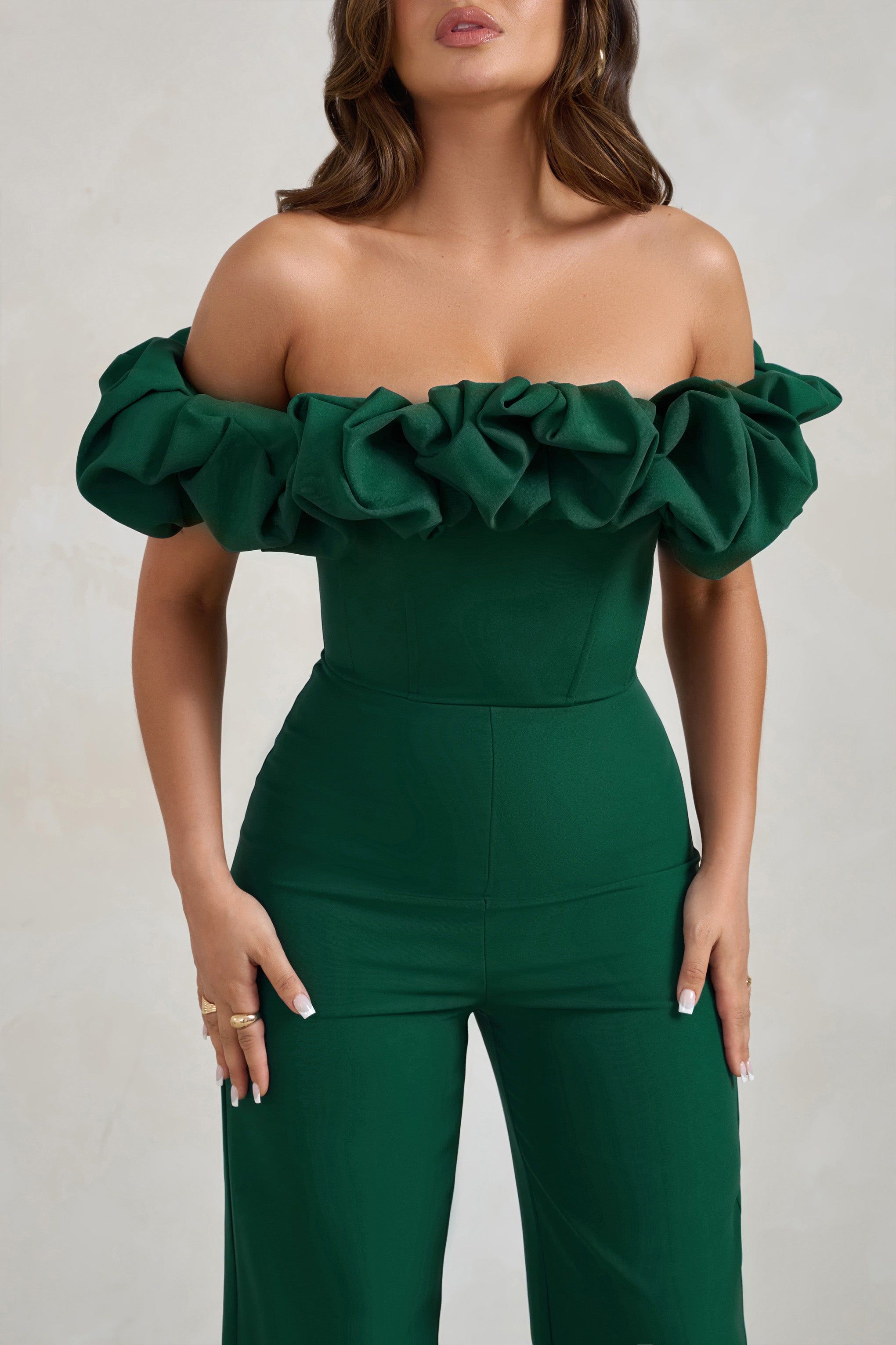 Esmie | Bottle Green Structured Statement Bardot Wide Leg Jumpsuit sold by Club L London product image thumbnail 3