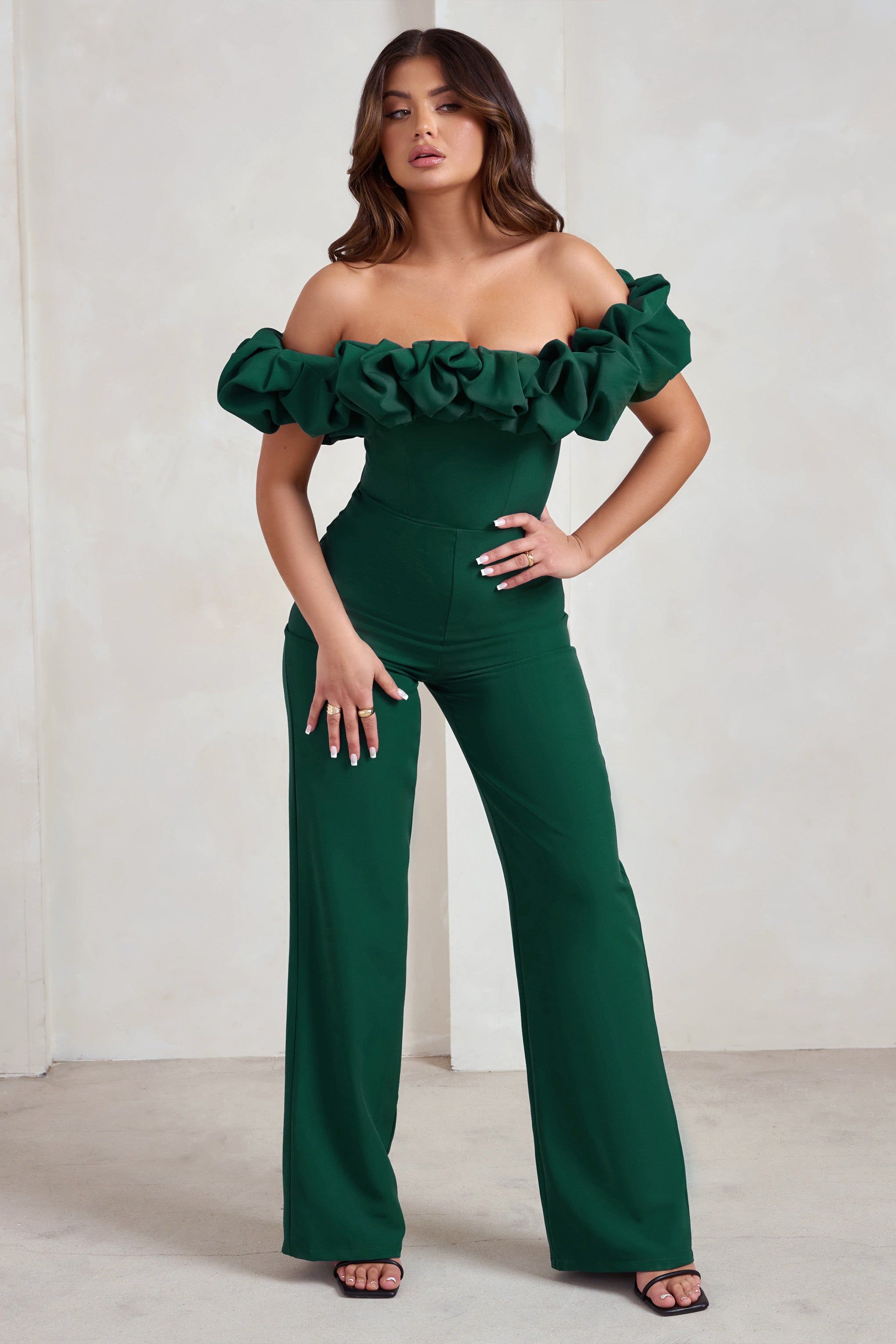Esmie | Bottle Green Structured Statement Bardot Wide Leg Jumpsuit sold by Club L London product image thumbnail 4