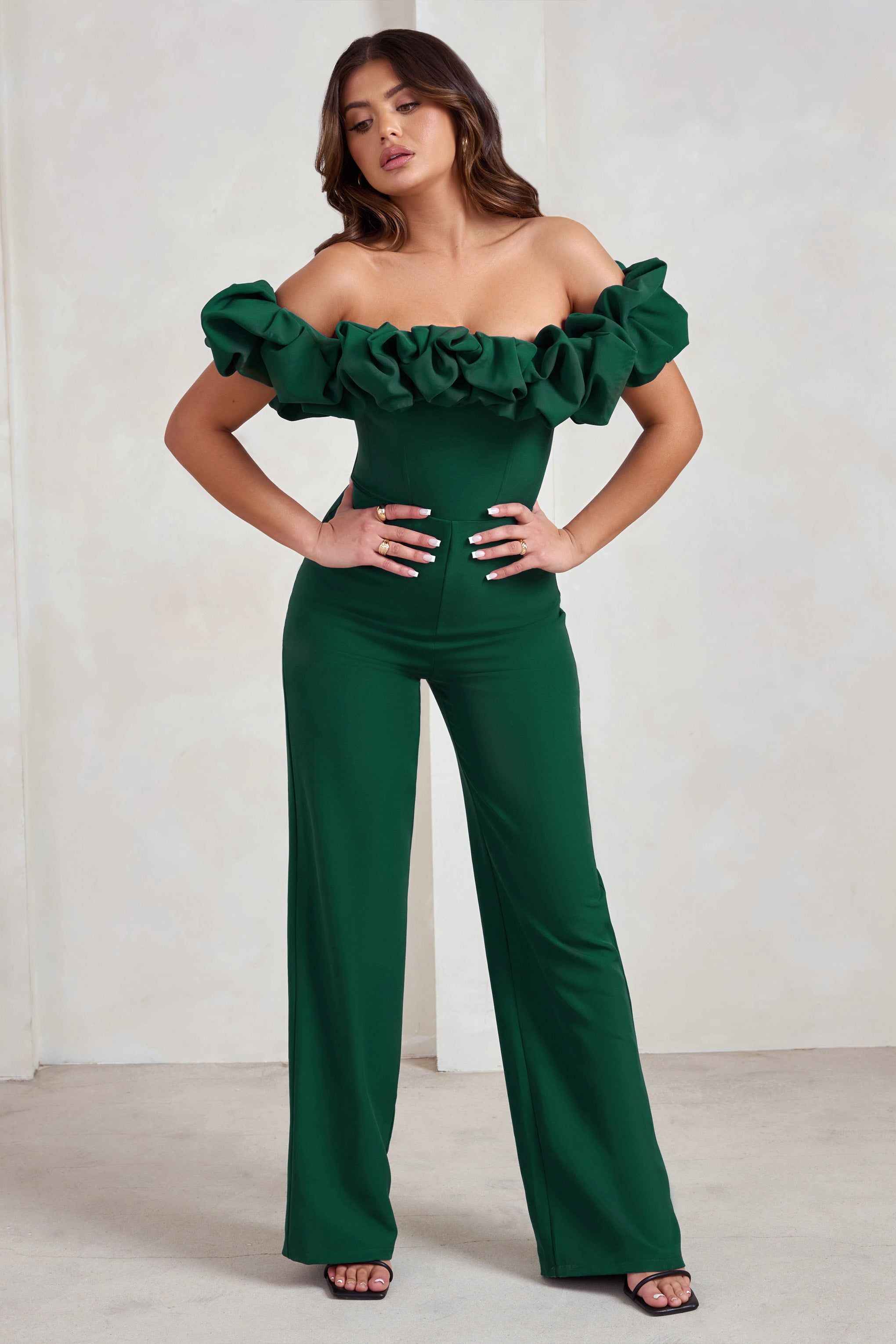 Esmie | Bottle Green Structured Statement Bardot Wide Leg Jumpsuit sold by Club L London