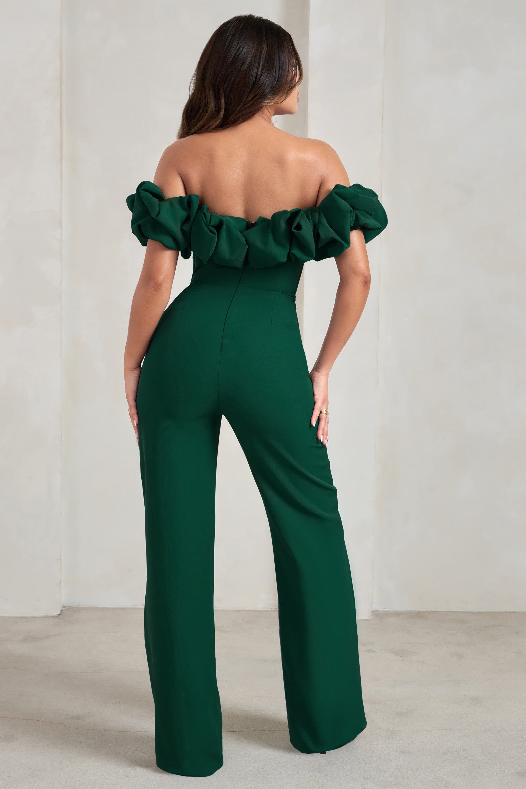 Esmie | Bottle Green Structured Statement Bardot Wide Leg Jumpsuit sold by Club L London product image thumbnail 2