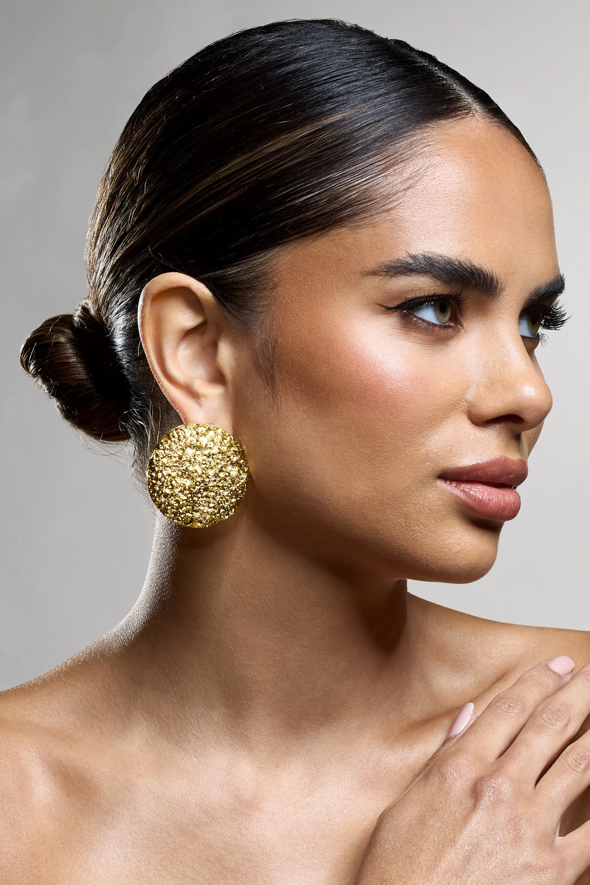 Mars | Gold Textured Statement Disc Earrings sold by Club L London product image thumbnail 5
