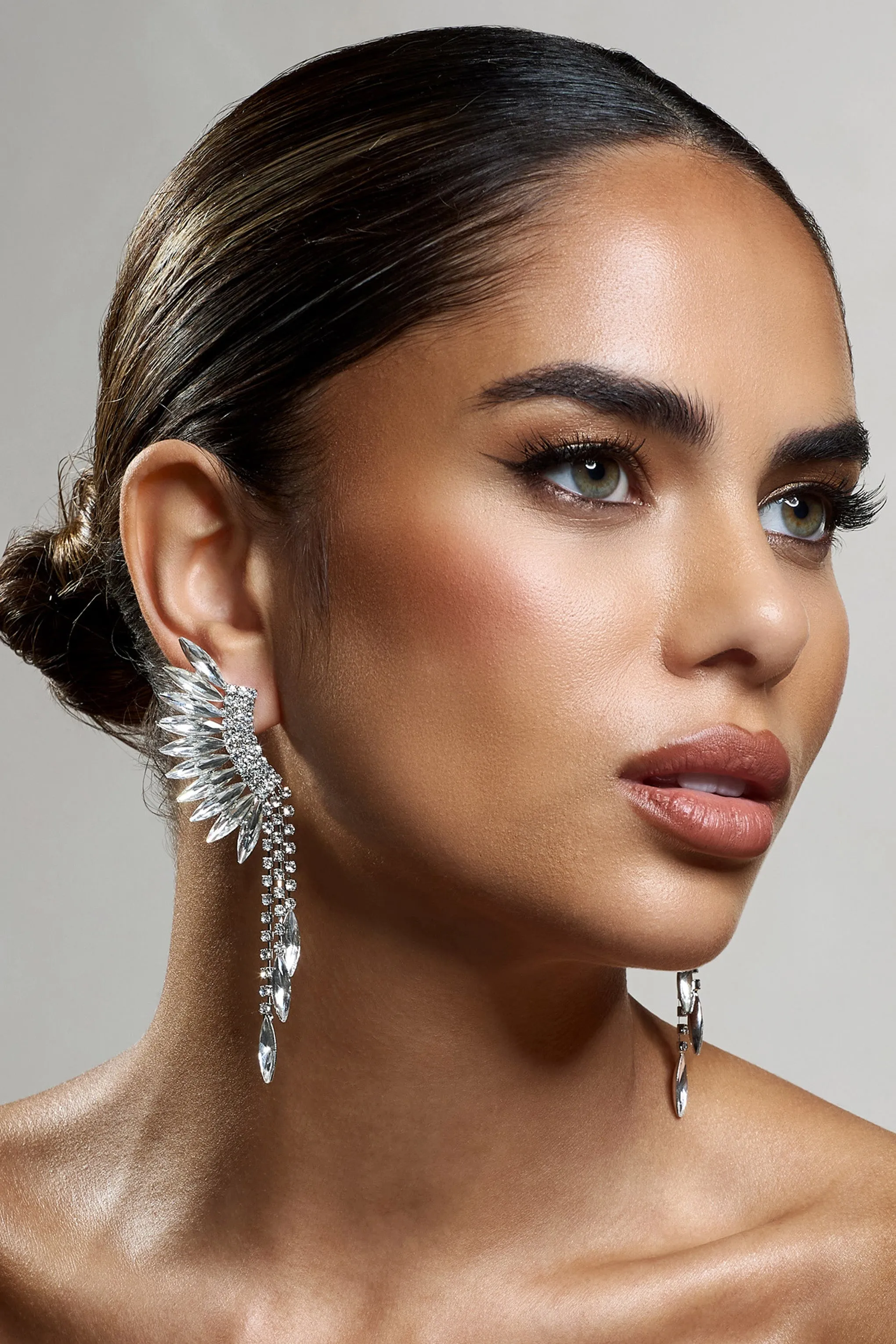 Mardi | Diamante & Silver Statement Dangle Earrings sold by Club L London