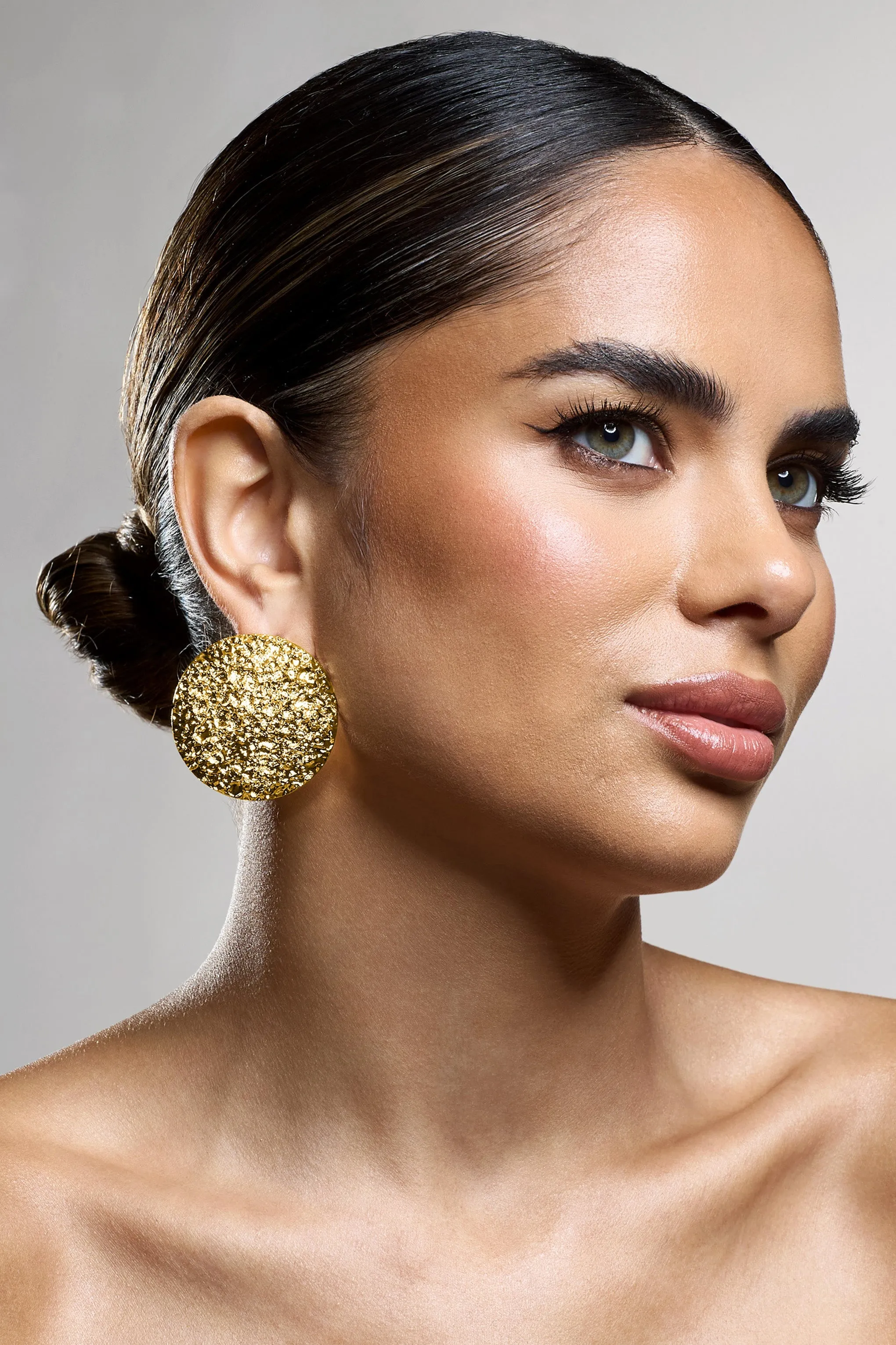 Mars | Gold Textured Statement Disc Earrings sold by Club L London product image thumbnail 3