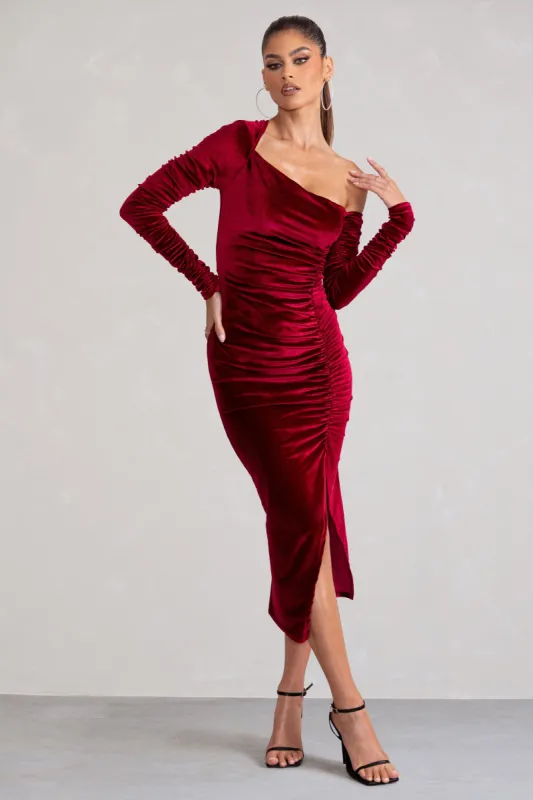 Agustina | Berry Velvet Asymmetric Neckline Midi Dress With Long Sleeves sold by Club L London