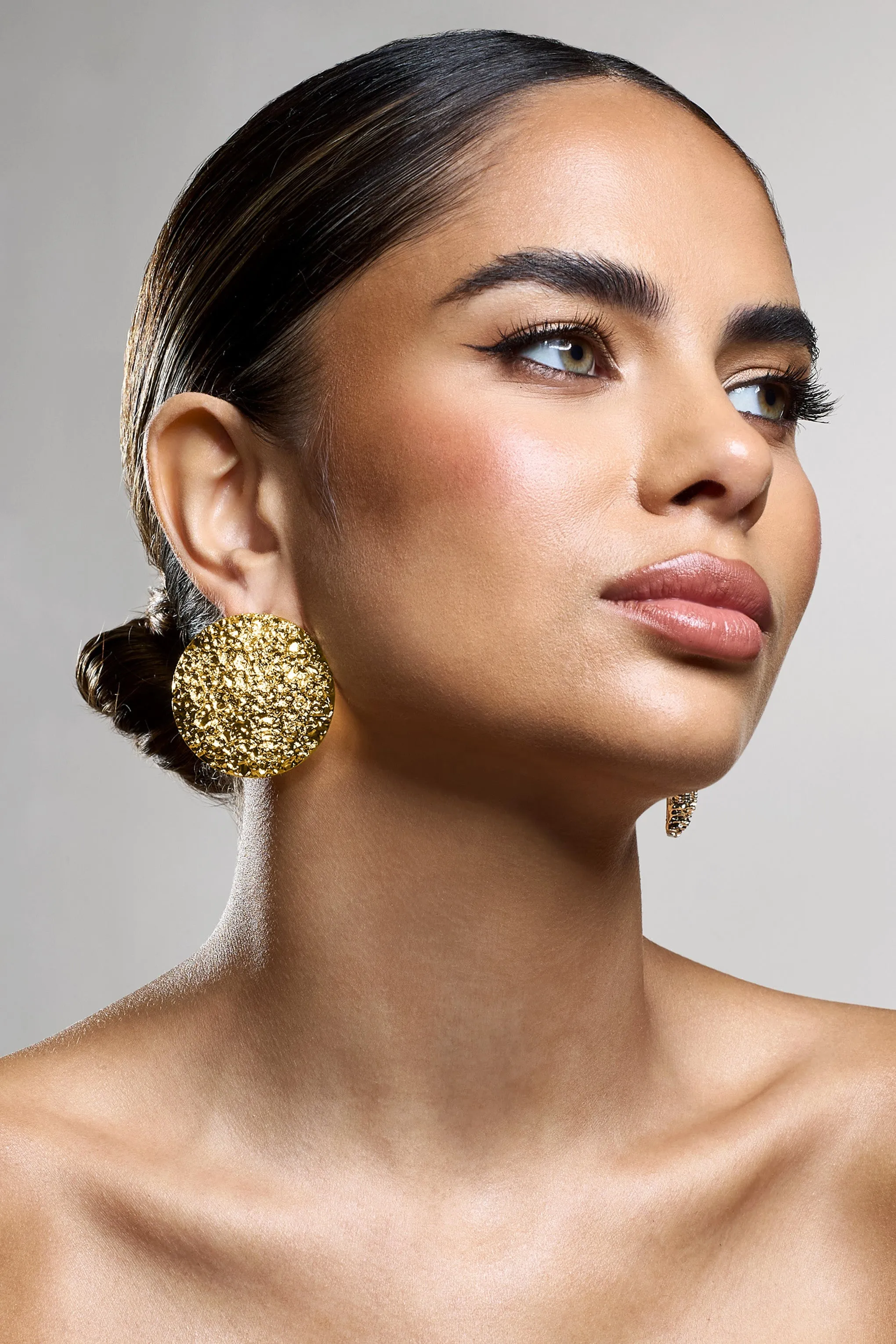 Mars | Gold Textured Statement Disc Earrings sold by Club L London