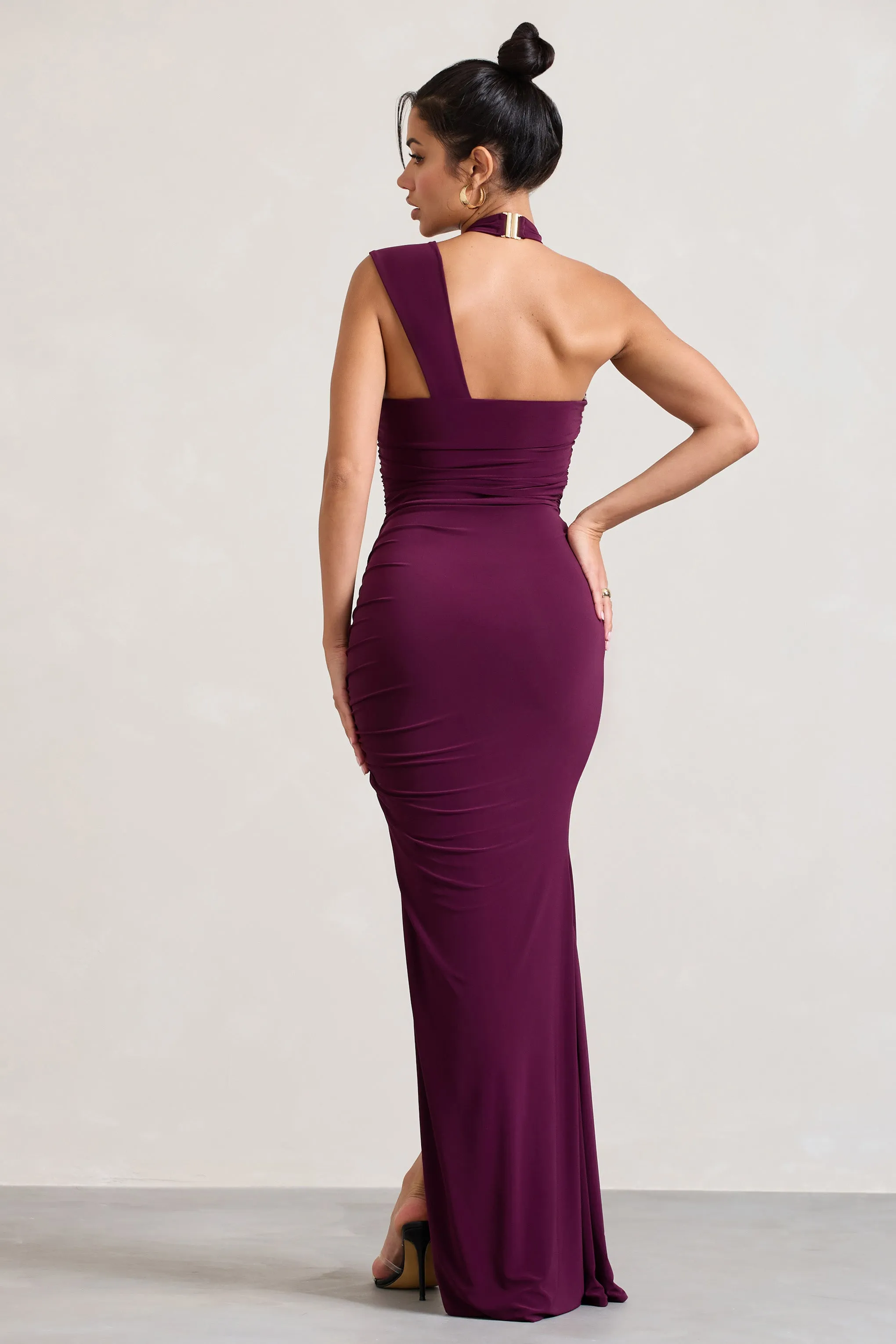 Ignite | Burgundy Strappy Halter-Neck Asymmetric Maxi Dress sold by Club L London product image thumbnail 2
