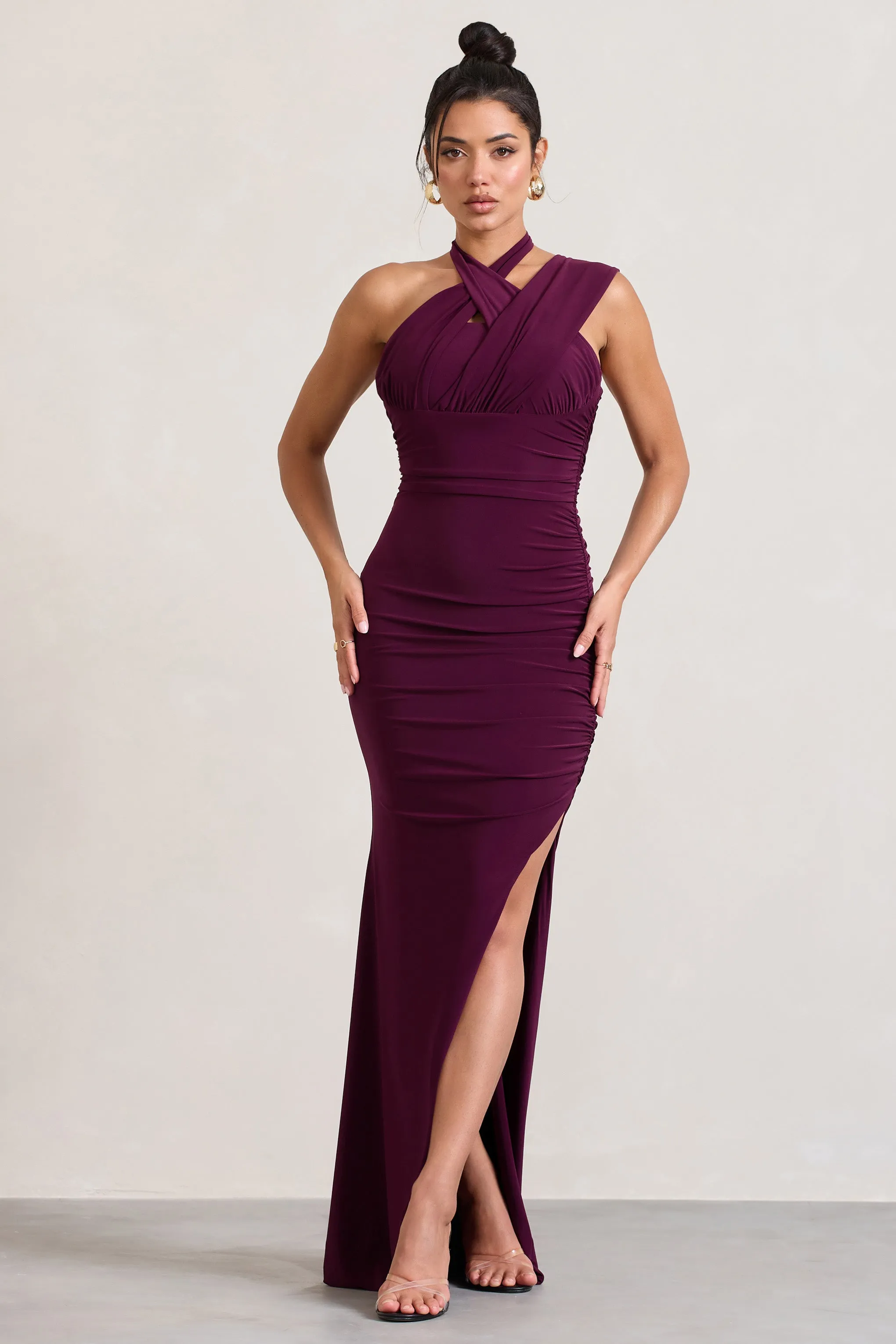 Ignite | Burgundy Strappy Halter-Neck Asymmetric Maxi Dress sold by Club L London product image thumbnail 4