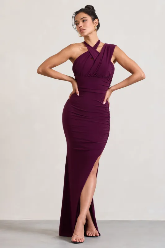 Ignite | Burgundy Strappy Halter-Neck Asymmetric Maxi Dress sold by Club L London