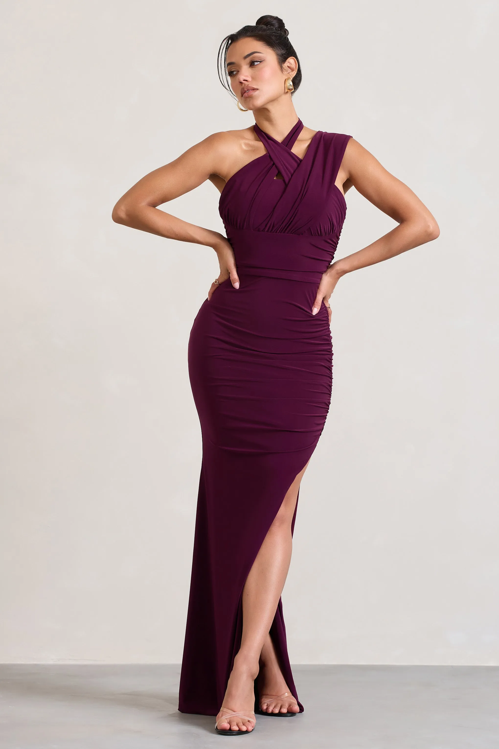 Ignite | Burgundy Strappy Halter-Neck Asymmetric Maxi Dress sold by Club L London