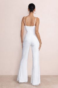First Look | Ivory Lace Corset Bodice Flared Leg Jumpsuit sold by Club L London