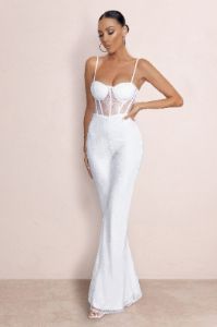 First Look | Ivory Lace Corset Bodice Flared Leg Jumpsuit sold by Club L London