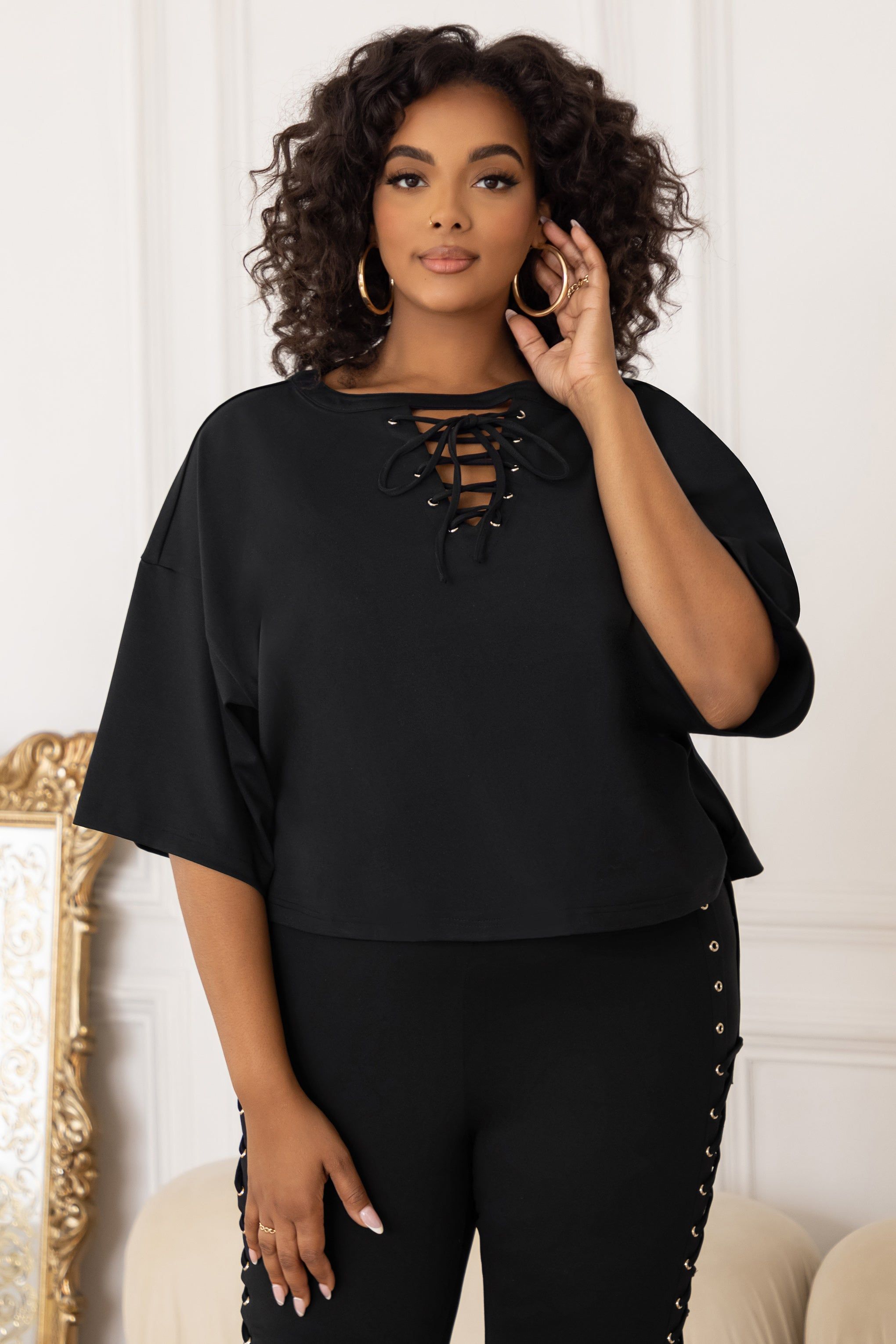 Stepping Out | Plus Black Lace-Up Detail Cropped T-shirt sold by Club L London product image thumbnail 4