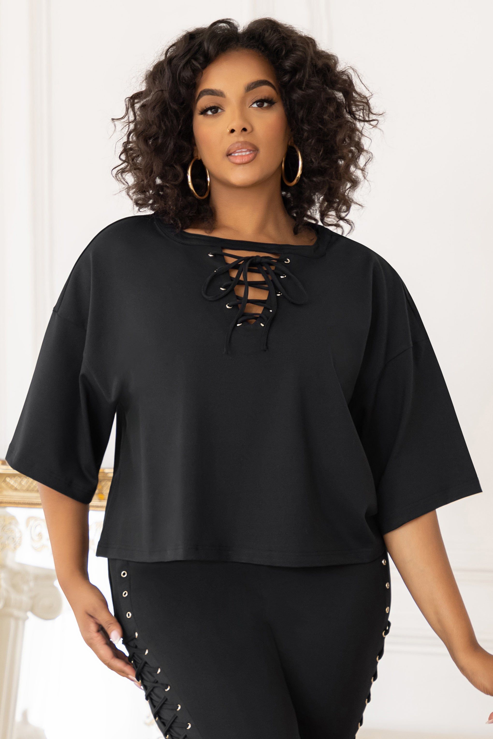 Stepping Out | Plus Black Lace-Up Detail Cropped T-shirt sold by Club L London