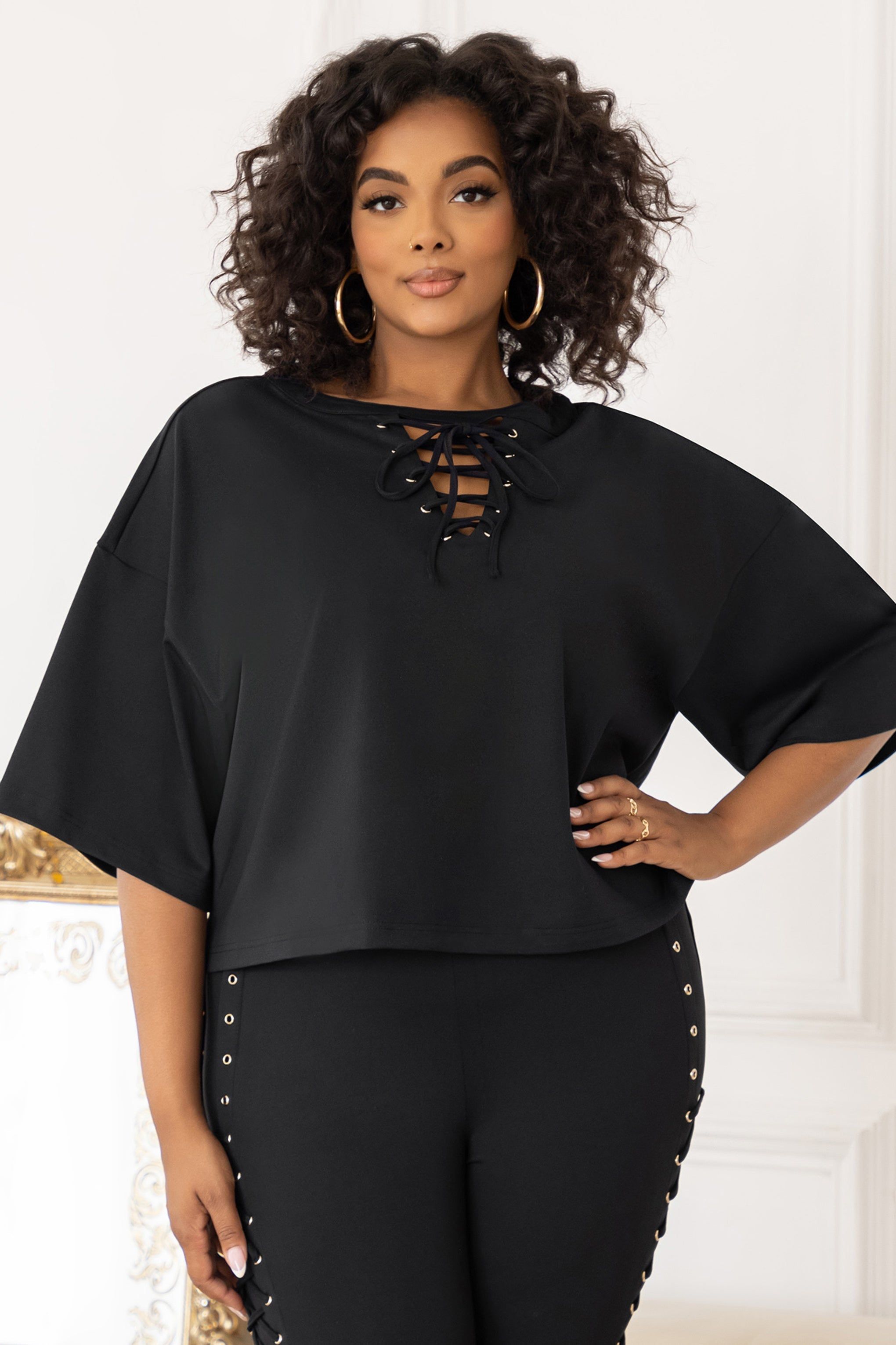 Stepping Out | Plus Black Lace-Up Detail Cropped T-shirt sold by Club L London product image thumbnail 5