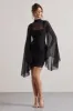 Jenny | Black Mesh High-Neck Cape-Sleeve Mini Dress sold by Club L London