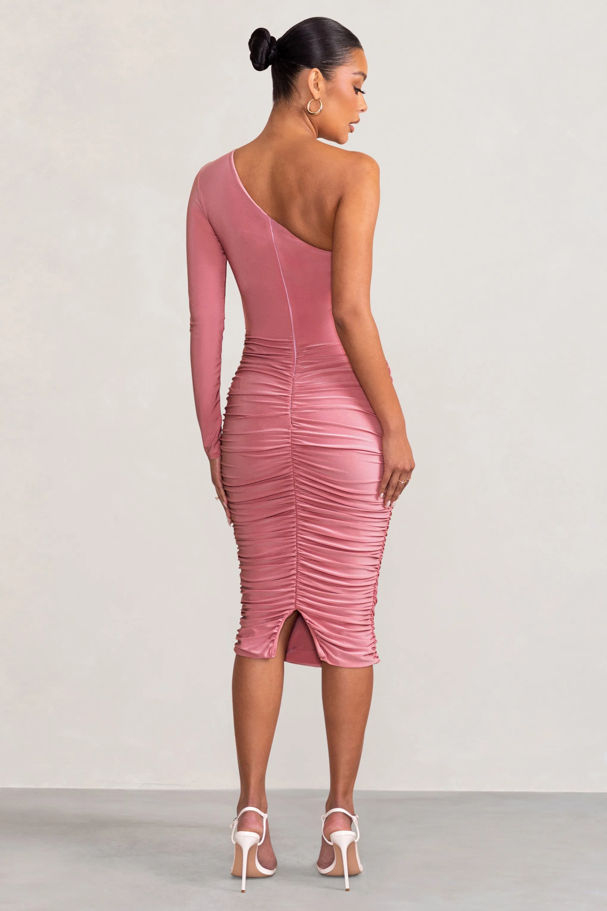 Betsy | Blush Asymmetric One Sleeve Maternity Midi Dress sold by Club L London product image thumbnail 2