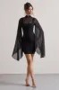 Jenny | Black Mesh High-Neck Cape-Sleeve Mini Dress sold by Club L London