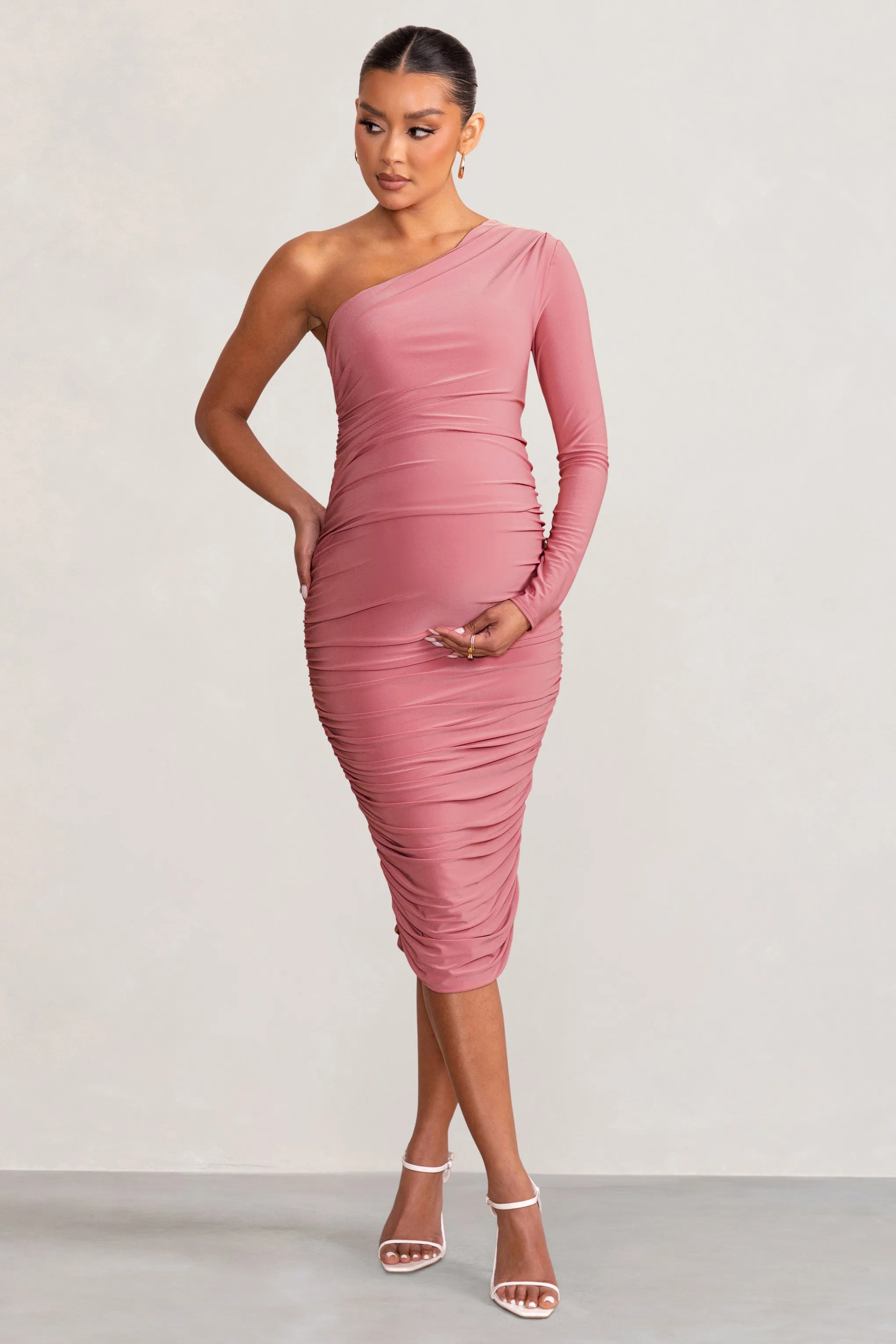 Betsy | Blush Asymmetric One Sleeve Maternity Midi Dress sold by Club L London product image thumbnail 4