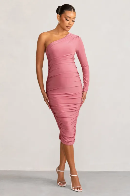 Betsy | Blush Asymmetric One Sleeve Maternity Midi Dress sold by Club L London