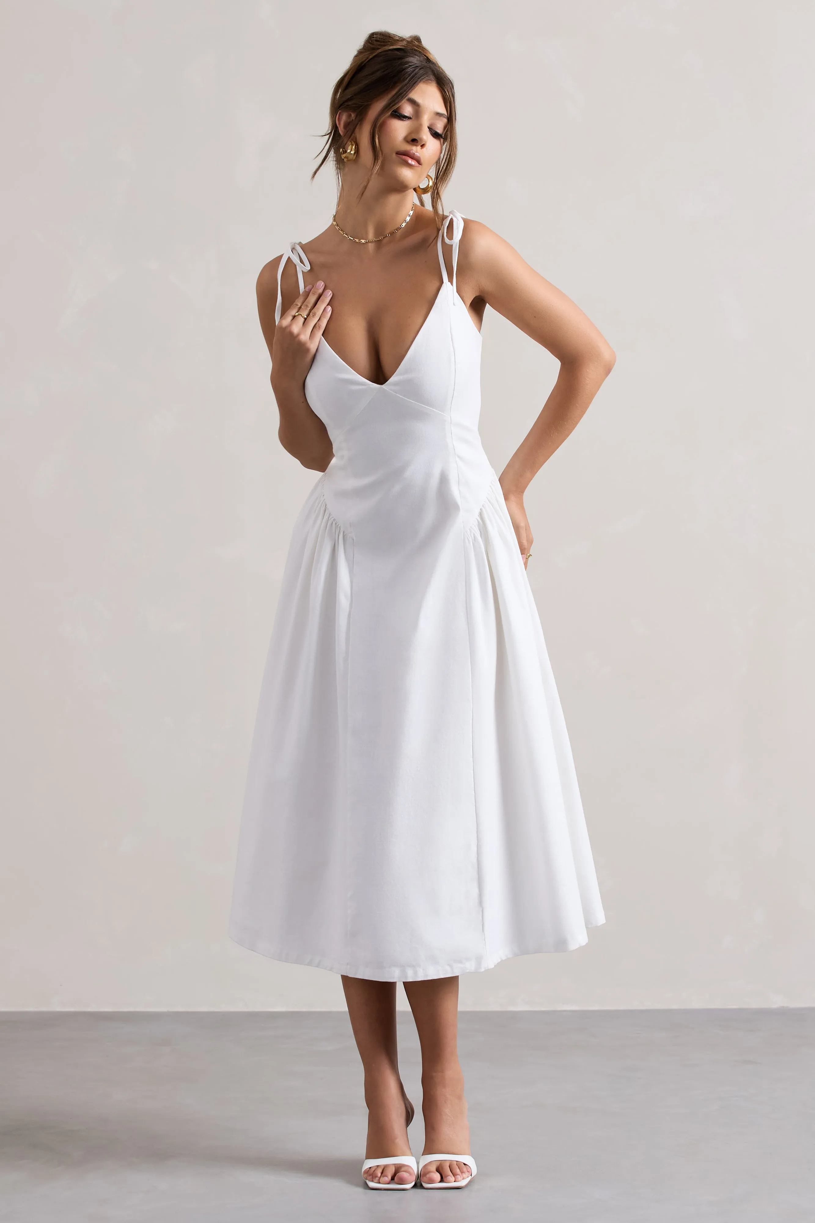 Breathless | Cream Linen Strappy V-Neck Pleated Midi Dress sold by Club L London product image thumbnail 2