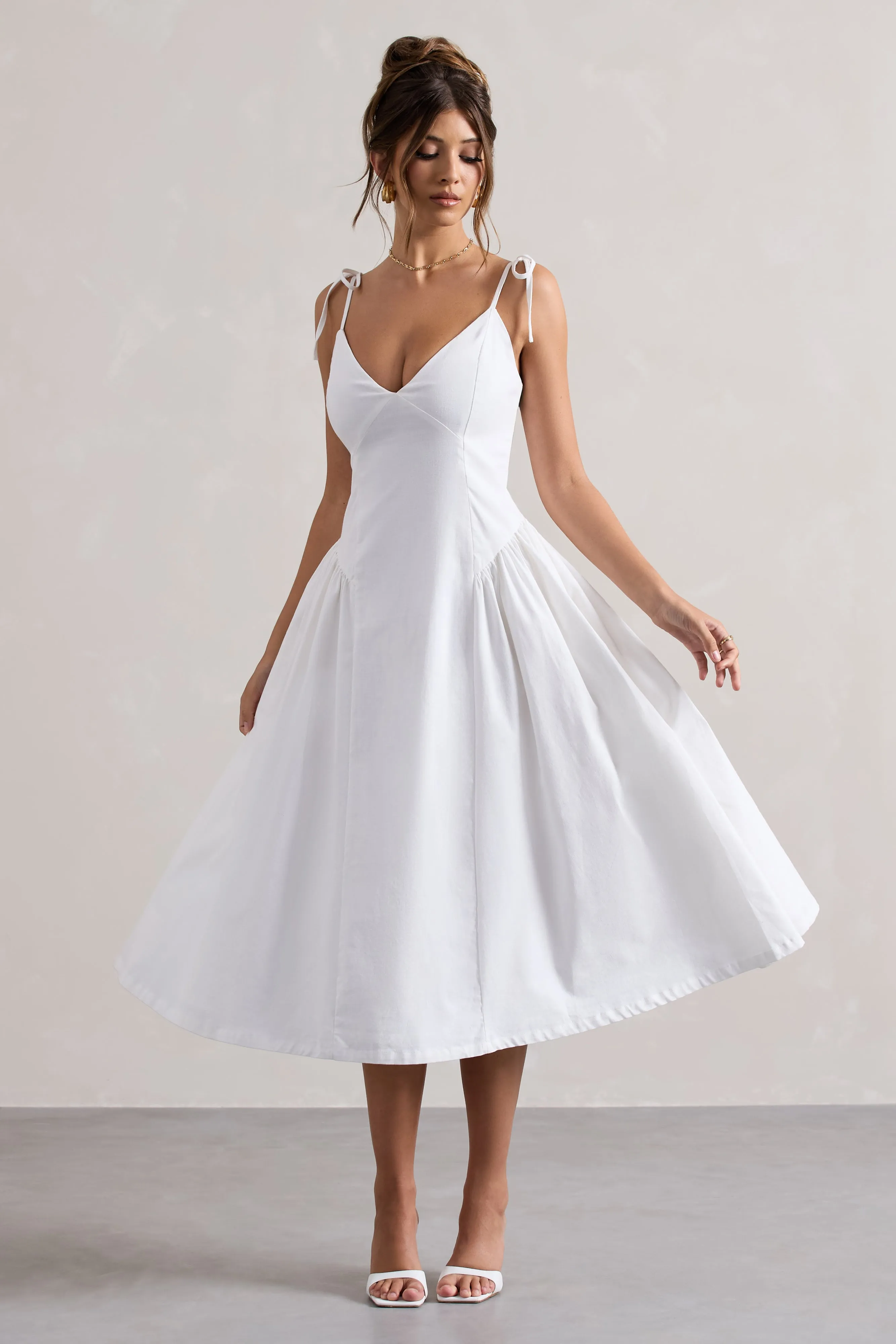 Breathless | Cream Linen Strappy V-Neck Pleated Midi Dress sold by Club L London