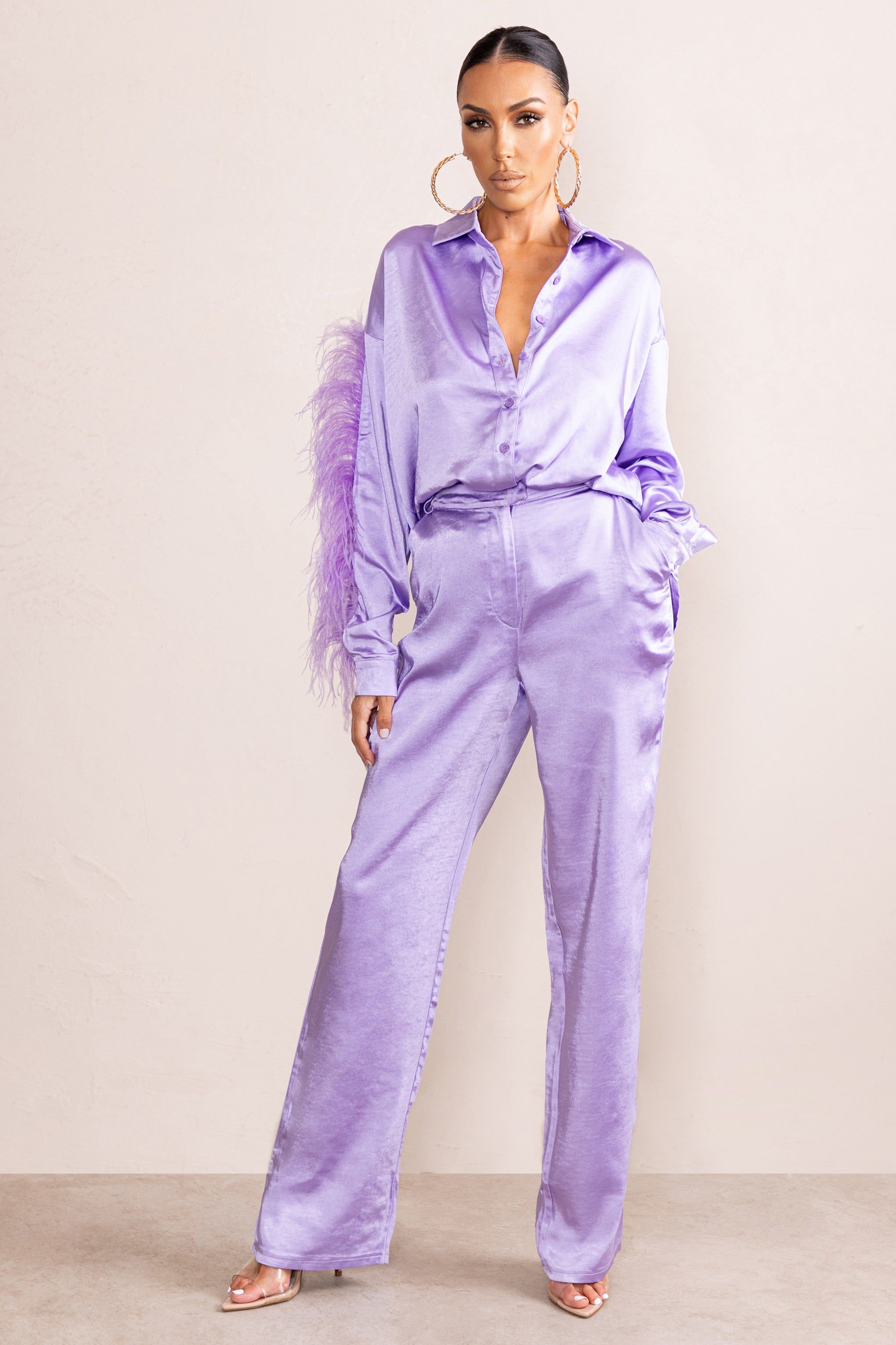 Evening Memories | Lilac Satin Wide Leg Trousers sold by Club L London product image thumbnail 4